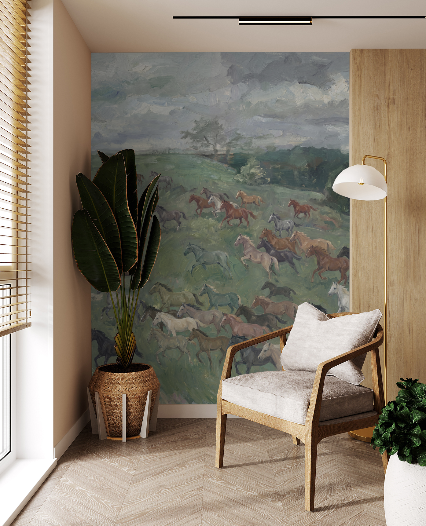 Rustic wallpaper with horses galloping in a meadow, in a cozy living room setting.