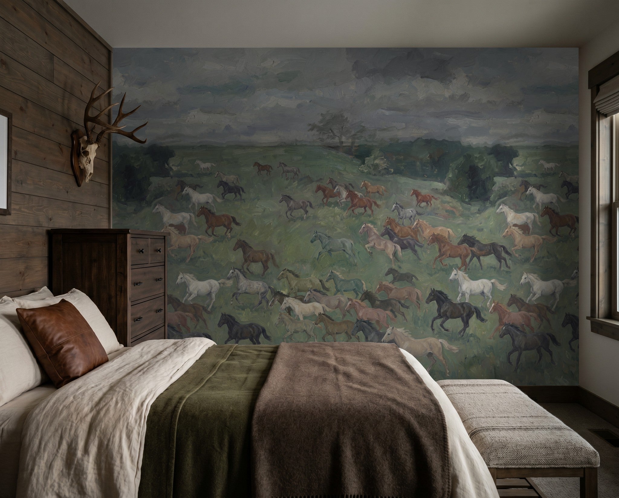 Bridlewood horse meadow wallpaper in rustic bedroom setting.