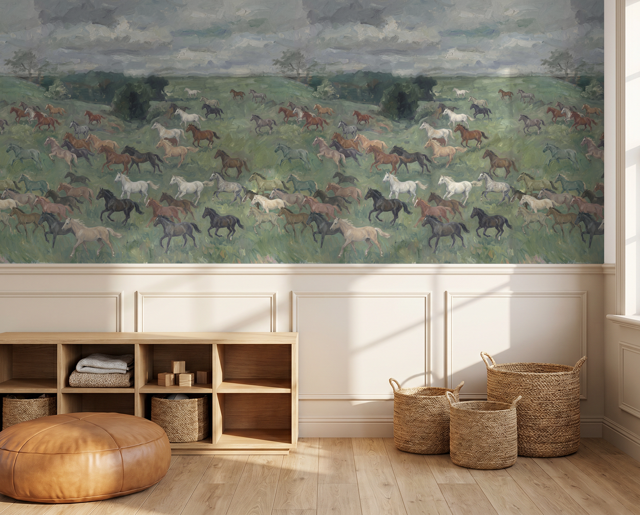 Bridlewood wallpaper with horses in a meadow, rustic room setting.