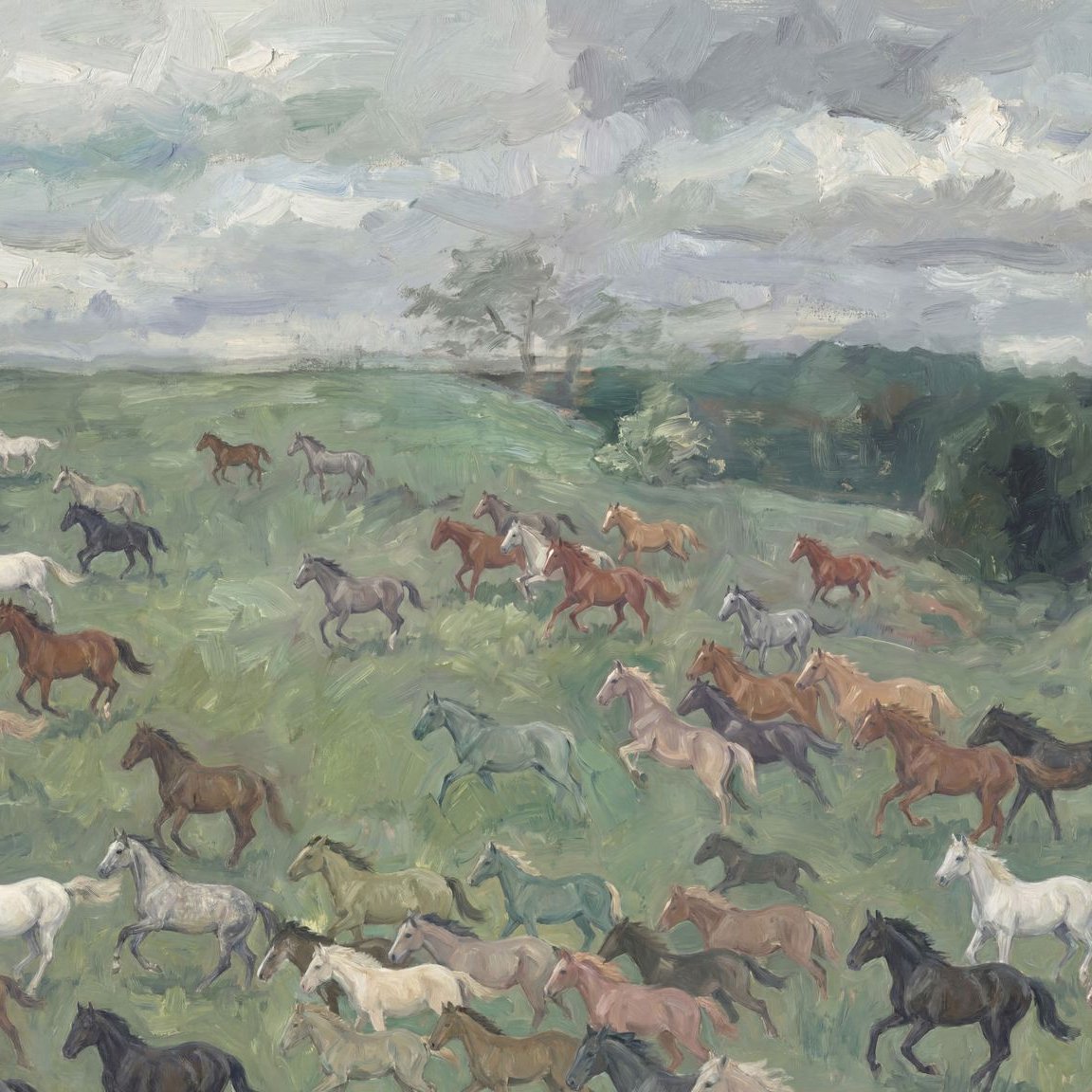 Horses galloping across a lush meadow under a cloudy sky wallpaper.