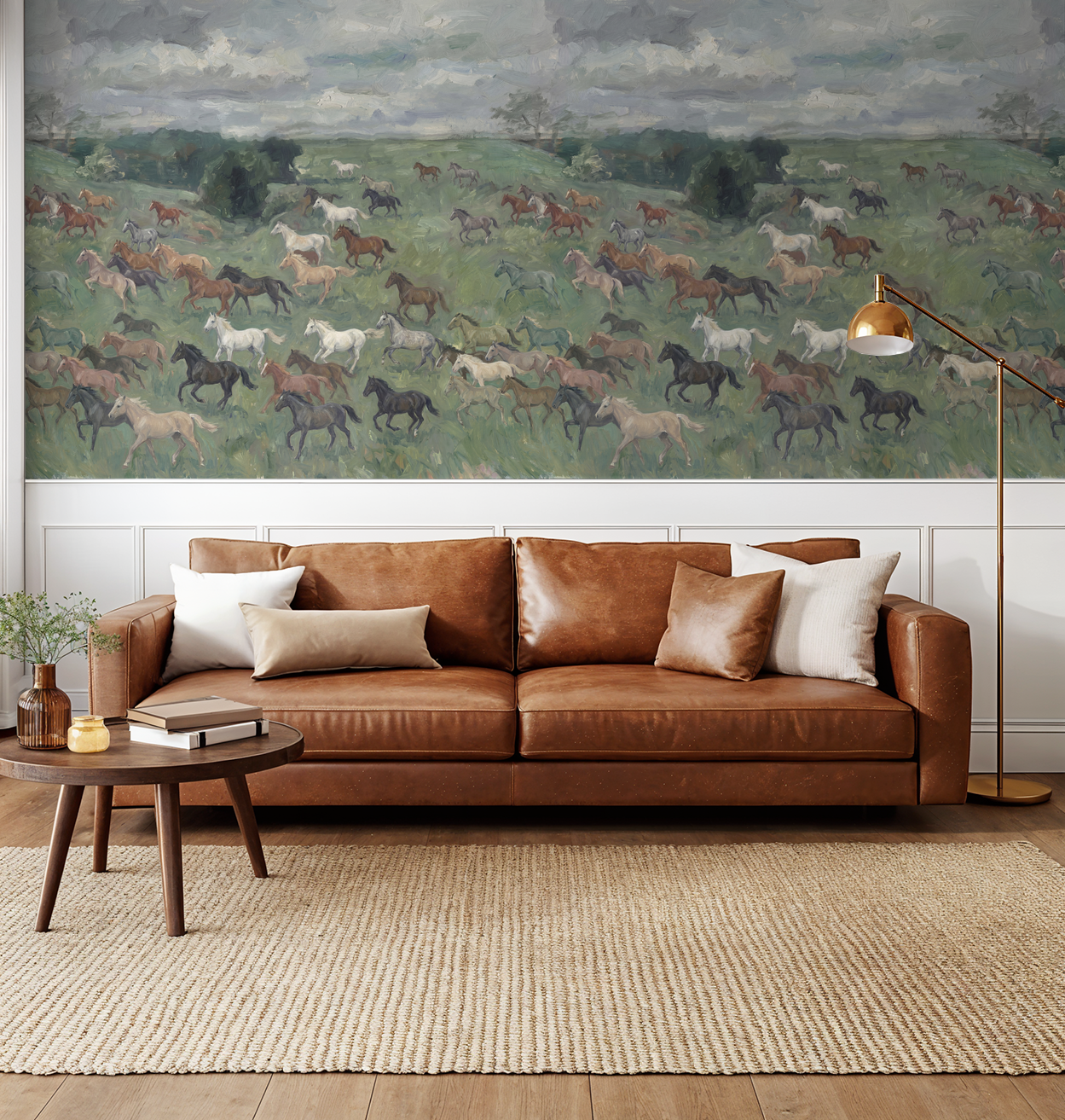 Bridlewood wallpaper with horses in meadow, rustic living room setting.