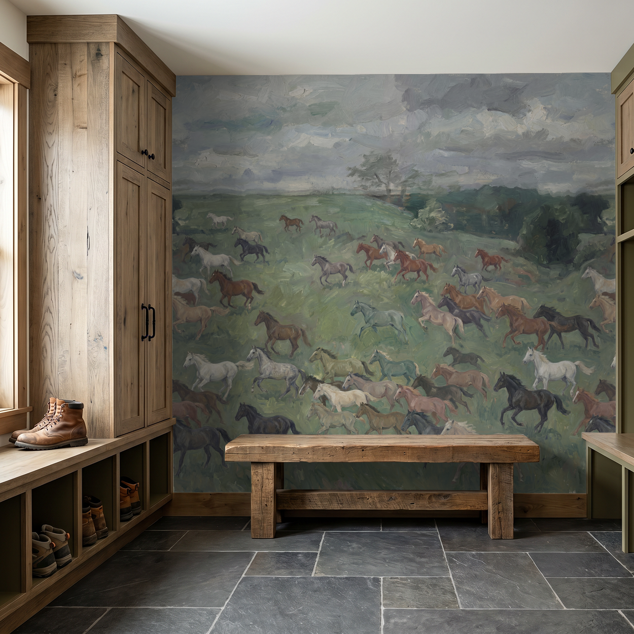 Rustic room with Bridlewood wallpaper of horses in a meadow, wooden bench and cabinets.