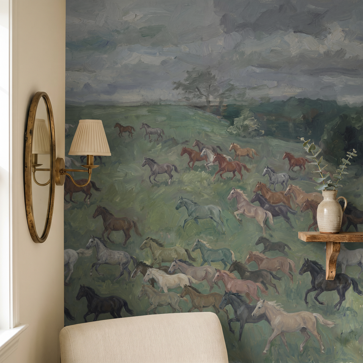 Bridlewood wallpaper with galloping horses in a rustic living room setting.