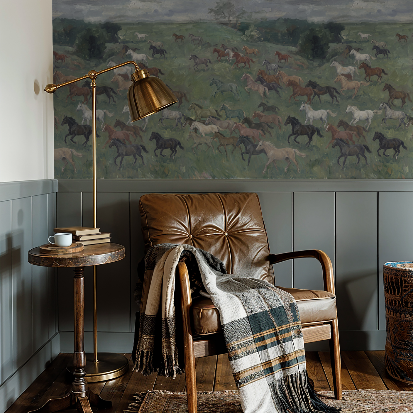 Bridlewood wallpaper with horses in a rustic living room setting.