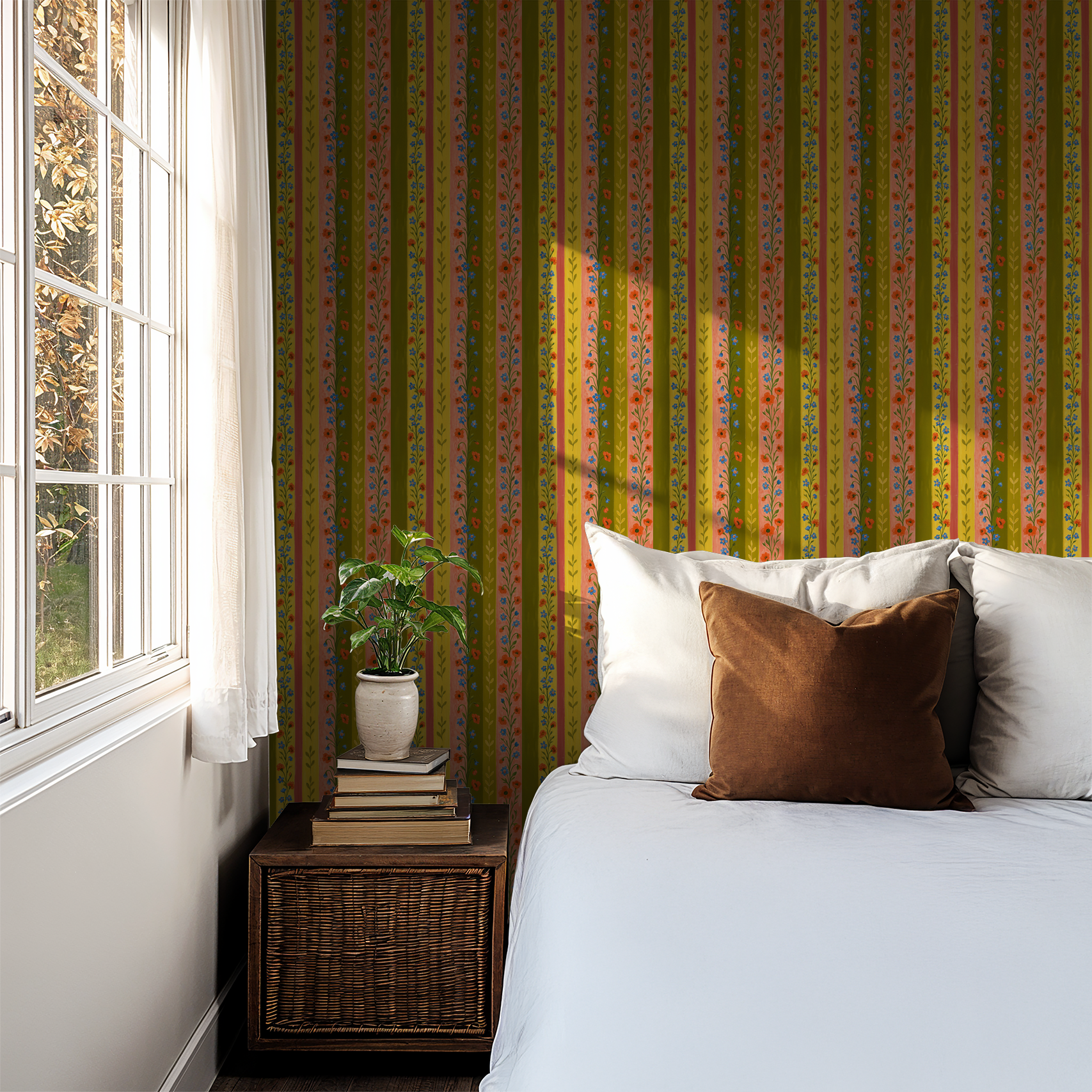Bedroom with Britta's Path wallpaper featuring olive, mustard, coral stripes and floral motifs.