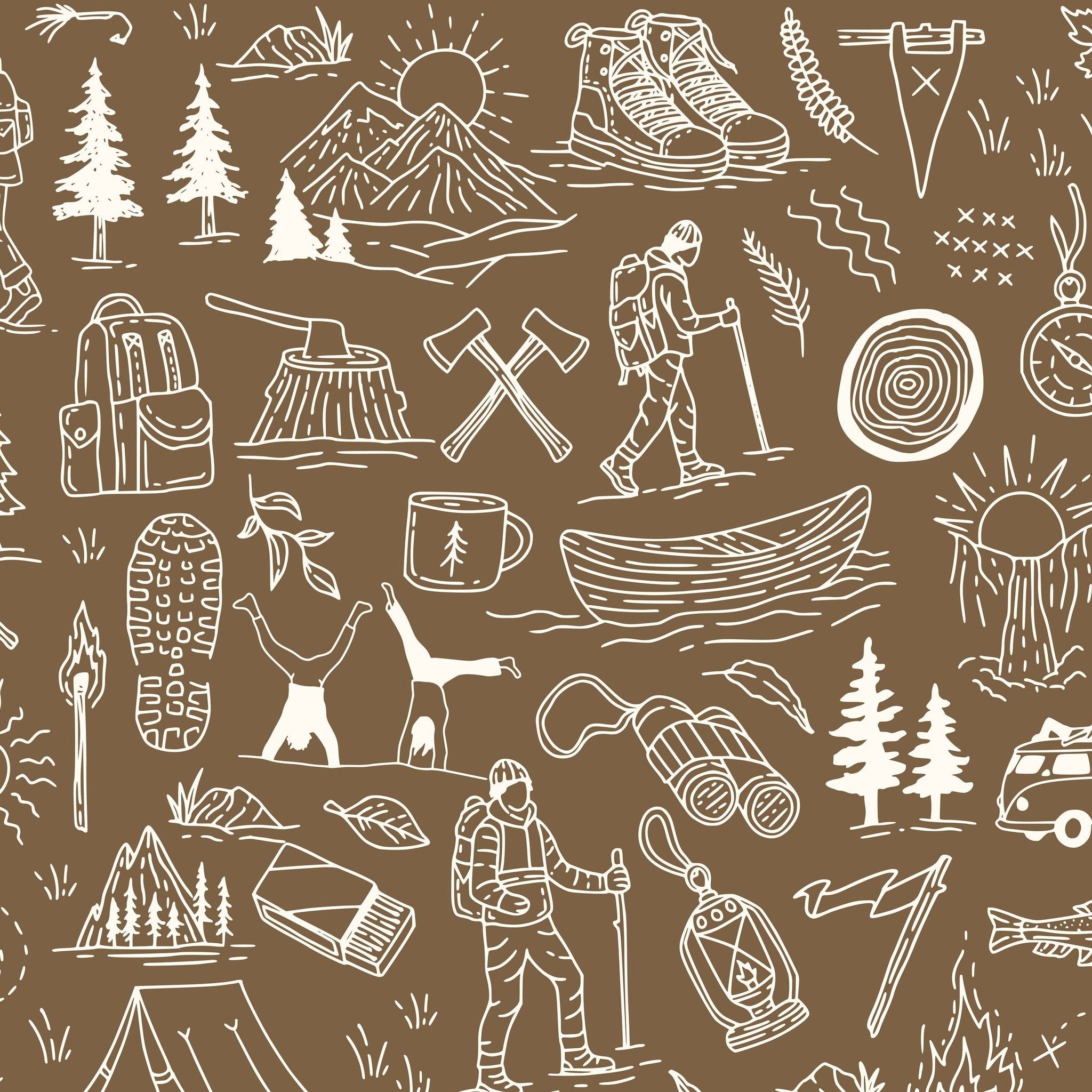 Brown wallpaper with white sketches of hikers, mountains, and wilderness motifs.