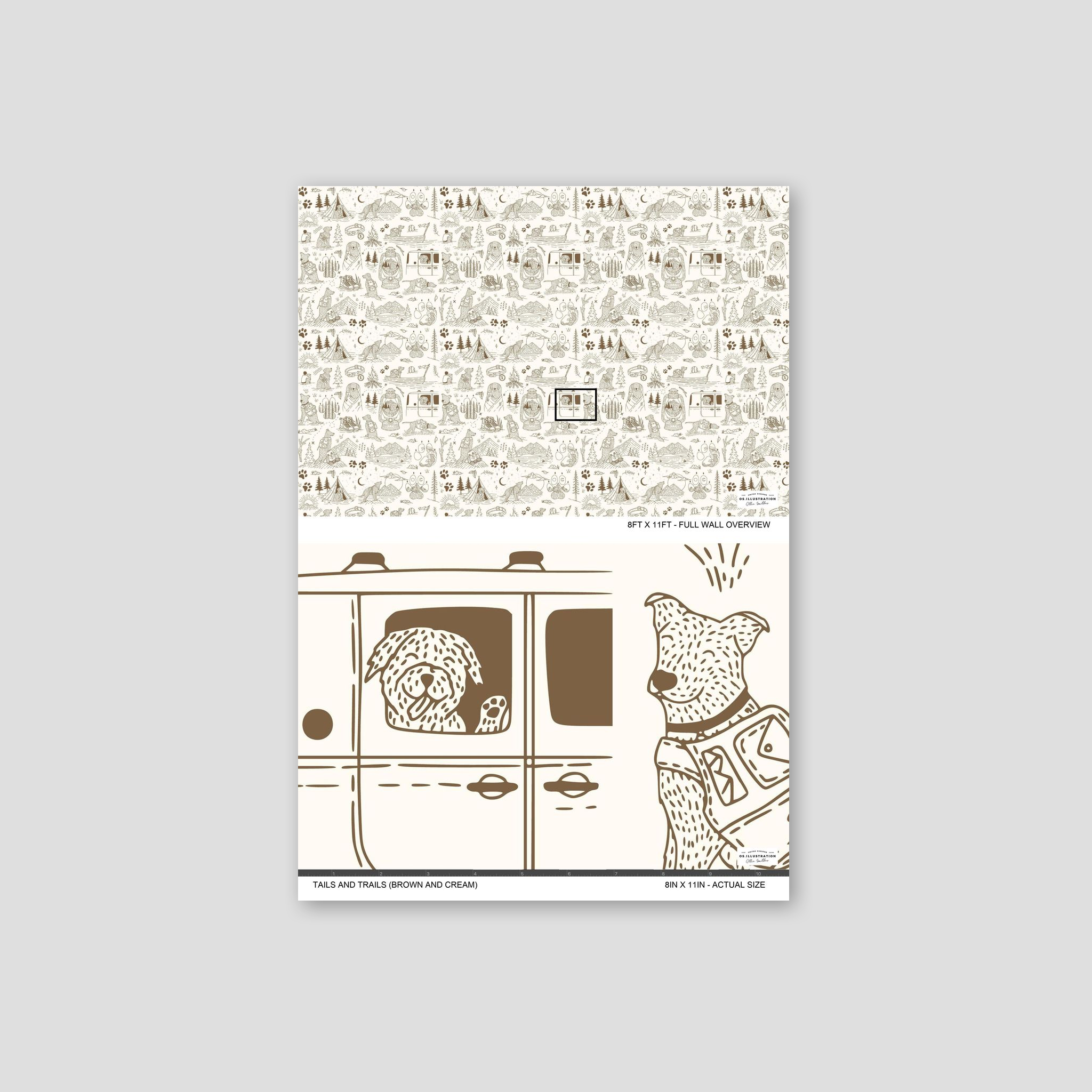 Brown and cream wallpaper with whimsical dog camping scenes, ideal for cozy rooms.