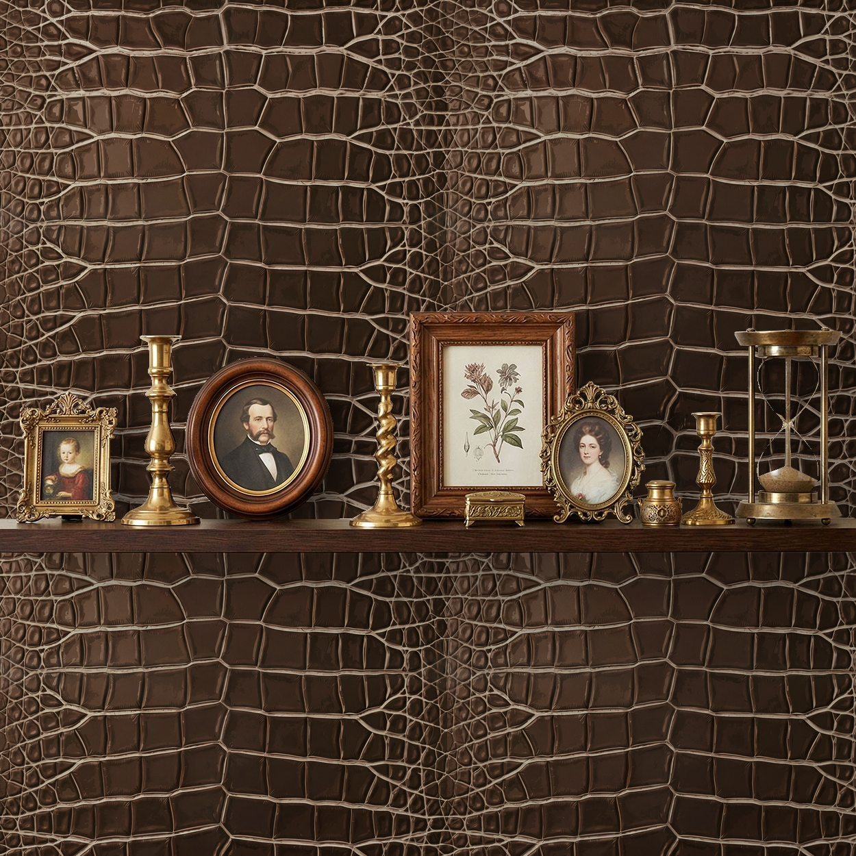 Brown crocodile leather textured wallpaper with vintage decor on shelf.