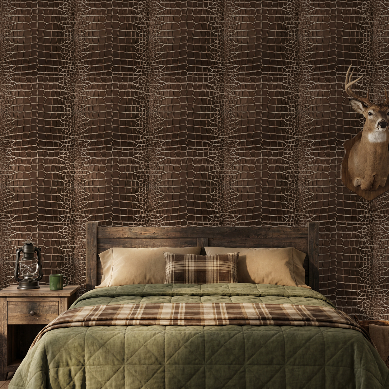 Brown crocodile leather pattern wallpaper in rustic bedroom with wooden bed and plaid bedding.