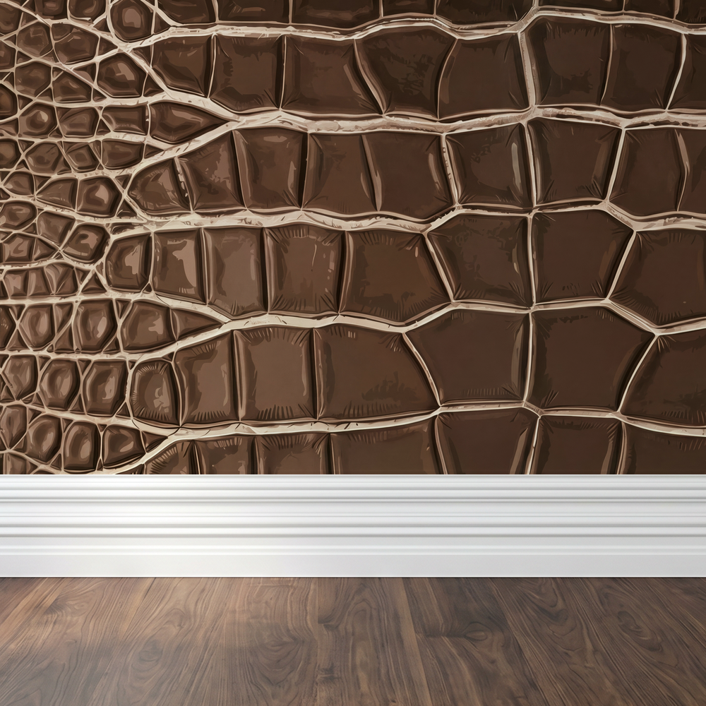 Brown crocodile leather textured wallpaper in elegant room setting.