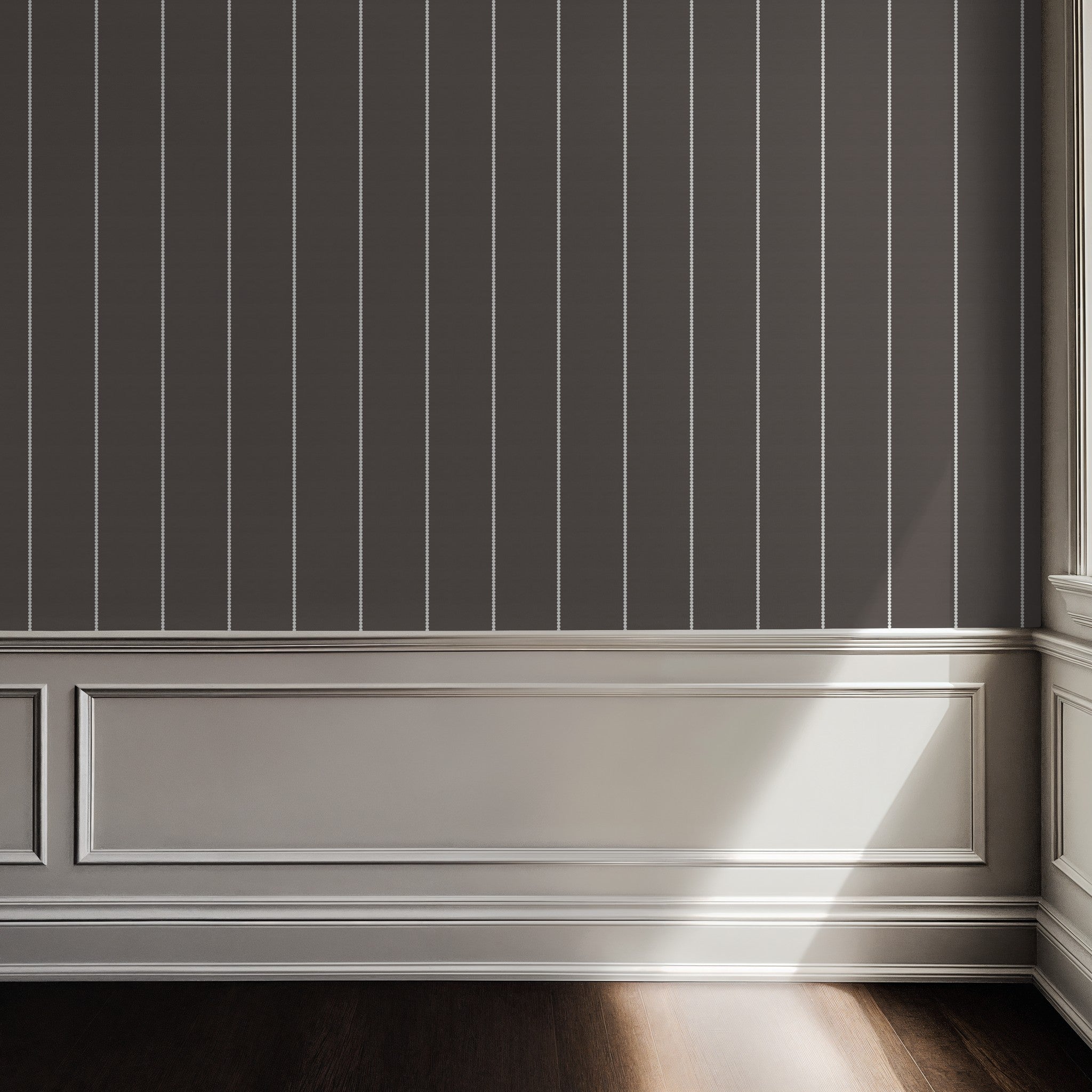 Brown pinstripe dot wallpaper in elegant room with wainscoting