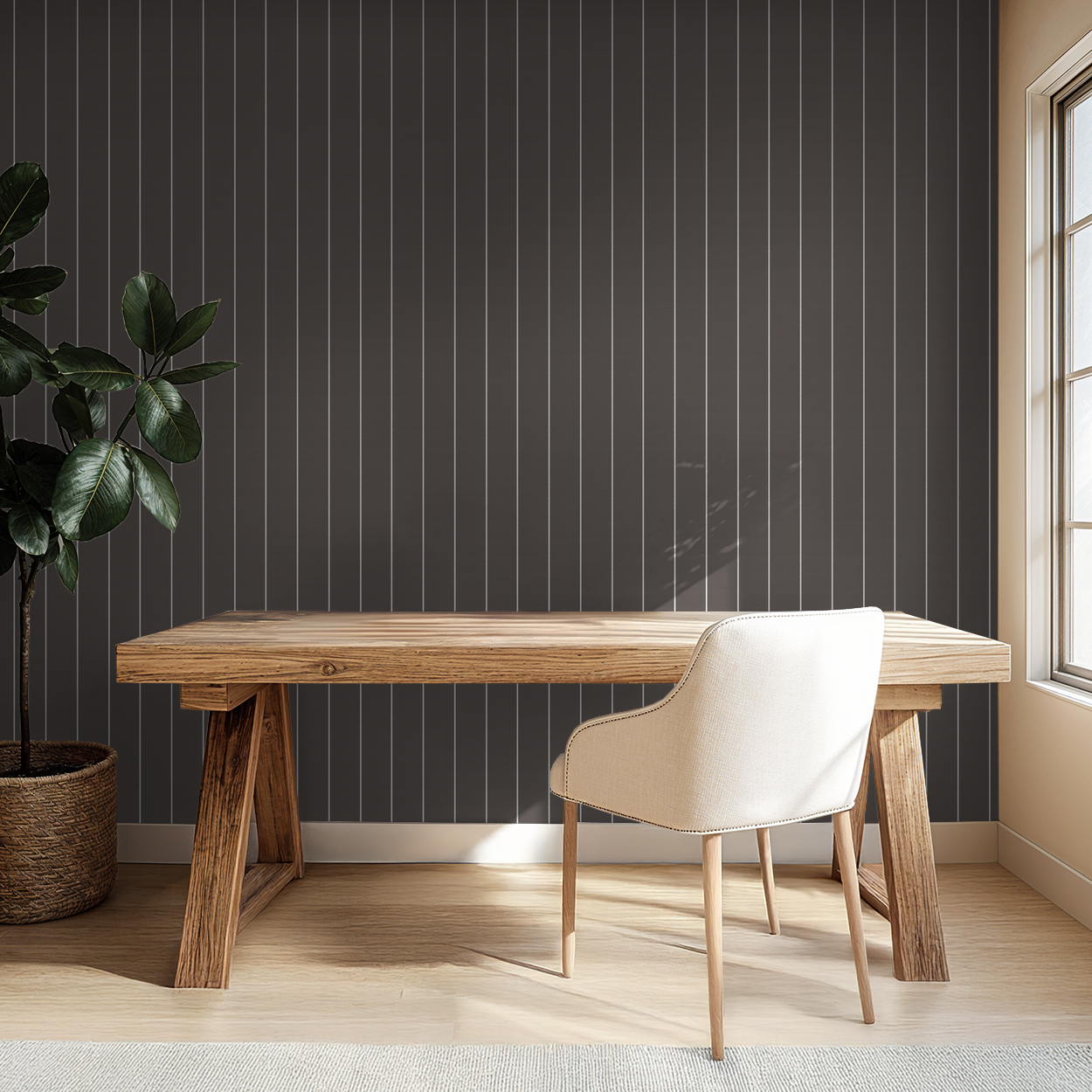Brown pinstripe dot wallpaper in a modern home office with wooden desk and chair.