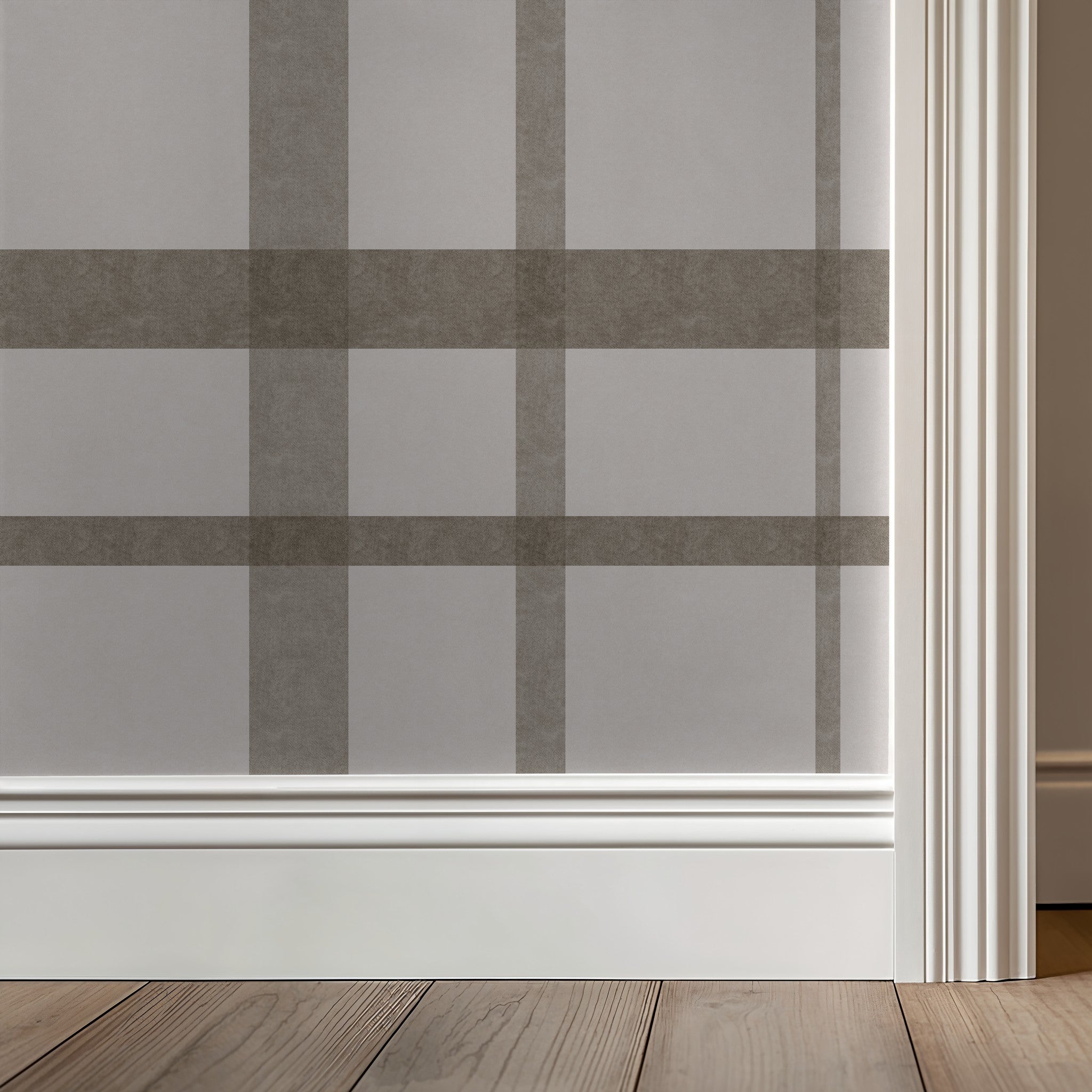 Brown plaid wallpaper with beige tones and classic design in a room setting.