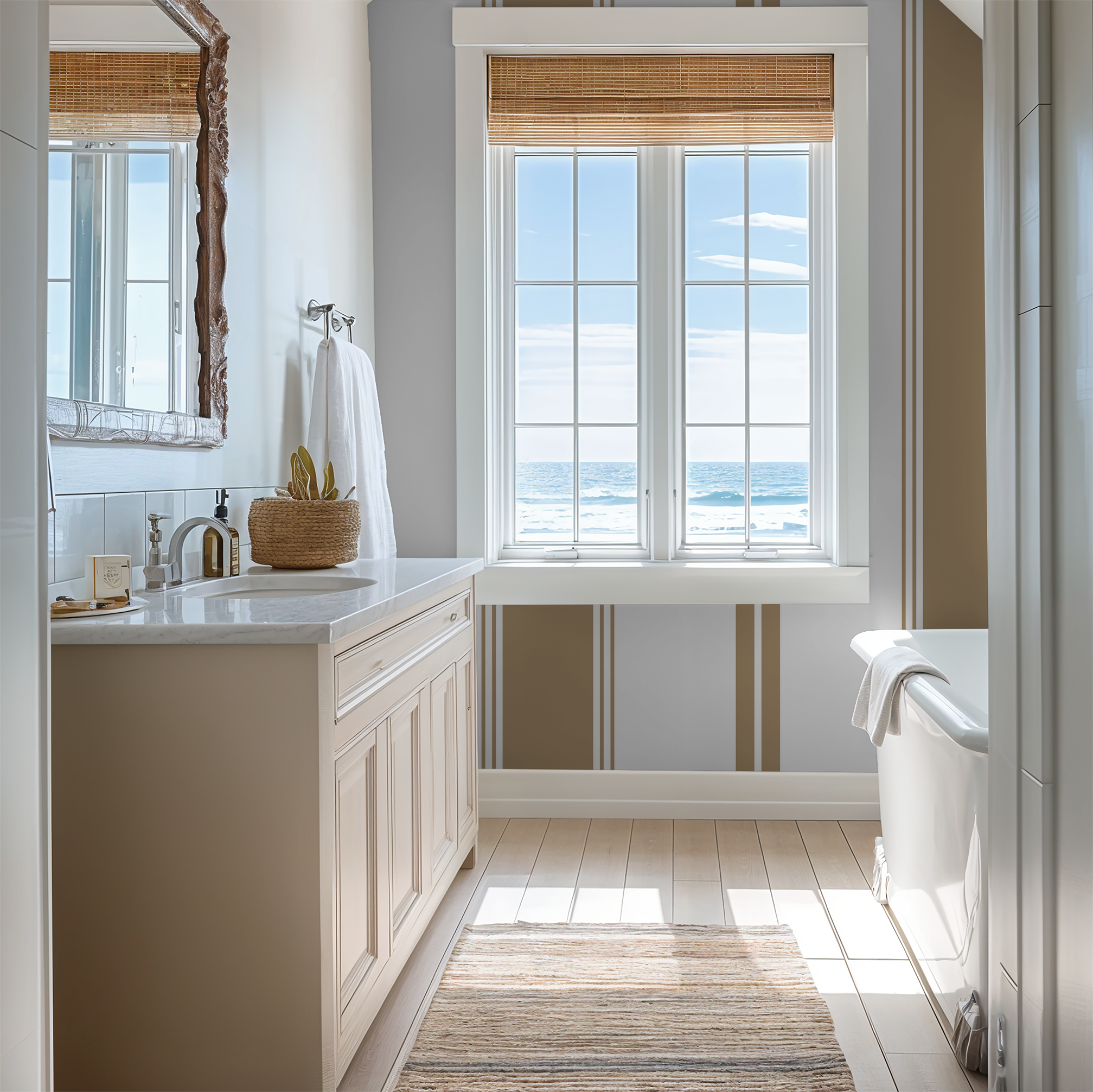 Bathroom with brown striped wallpaper, ocean view window, and natural decor.