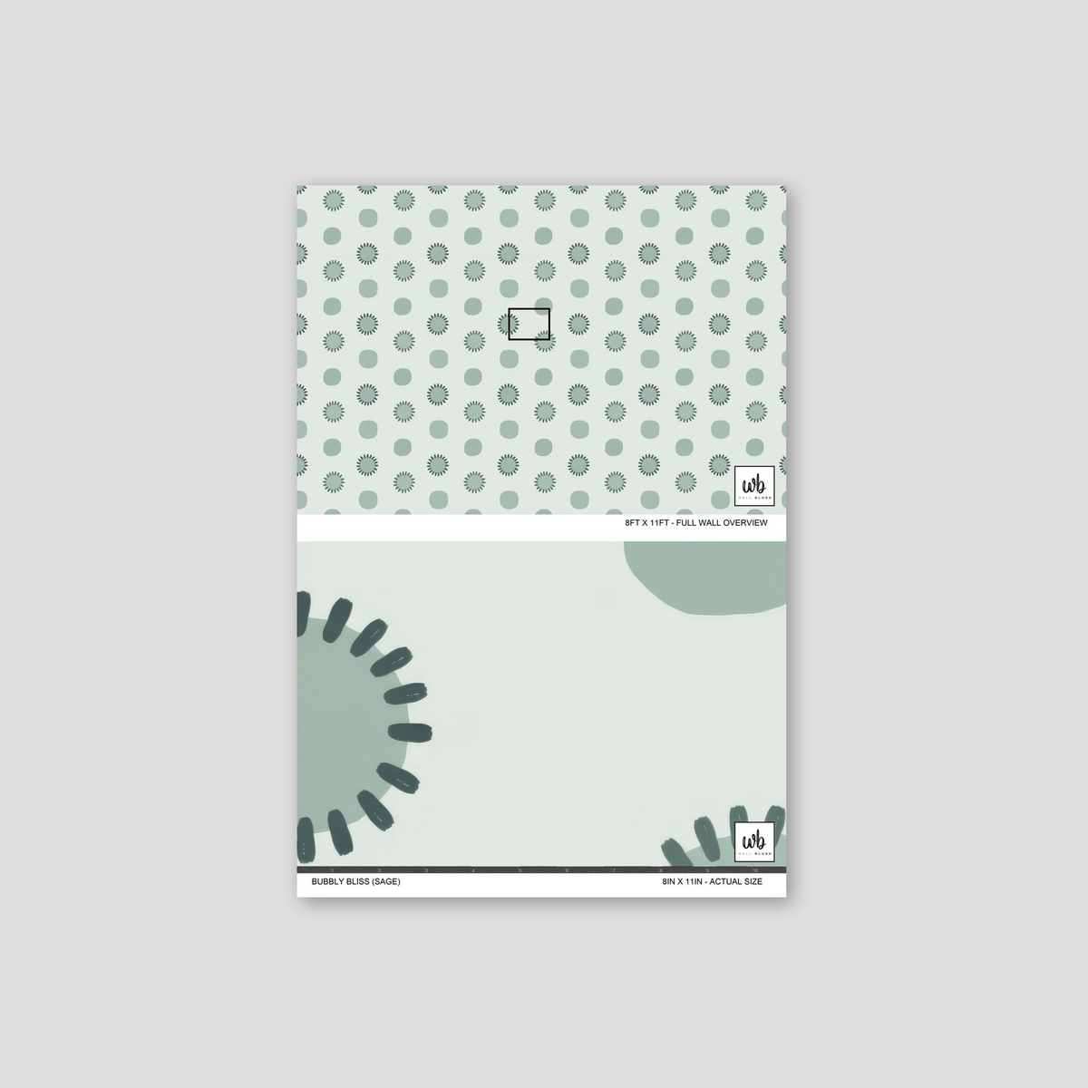 Bubbly Bliss sage wallpaper with geometric circles and dots in soft green and charcoal.