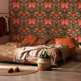 "Selene Wallpaper by Wall Blush showcased in cozy bedroom setting highlighting colorful butterfly design."