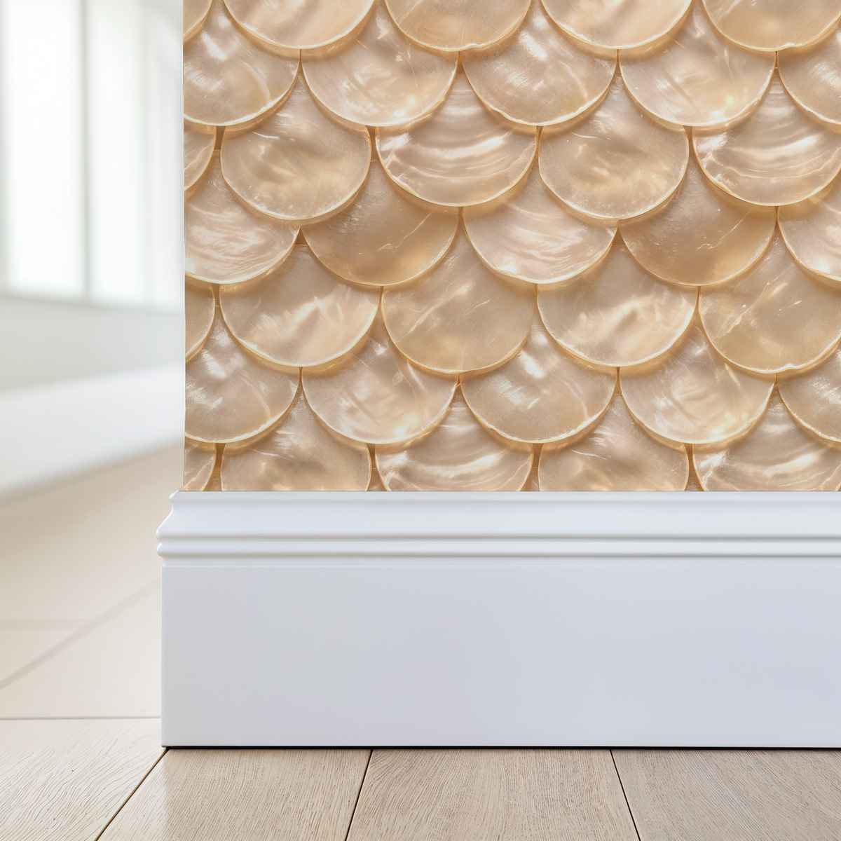 Calypso wallpaper with golden scallop motif in elegant room setting.