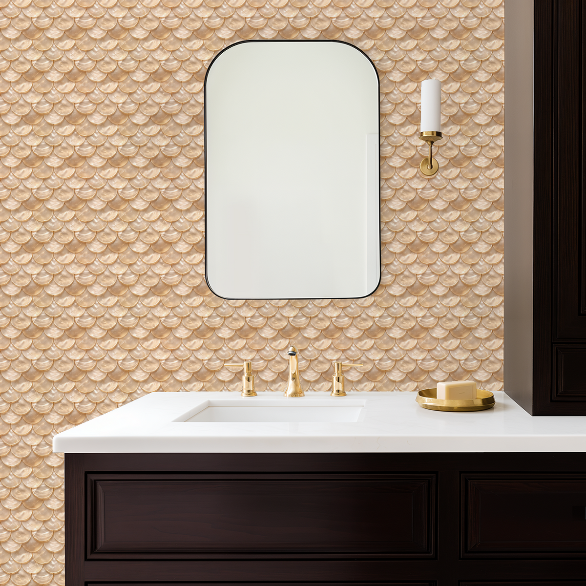 Calypso wallpaper with scallop motif in a bathroom setting, gold fixtures, dark wood vanity.