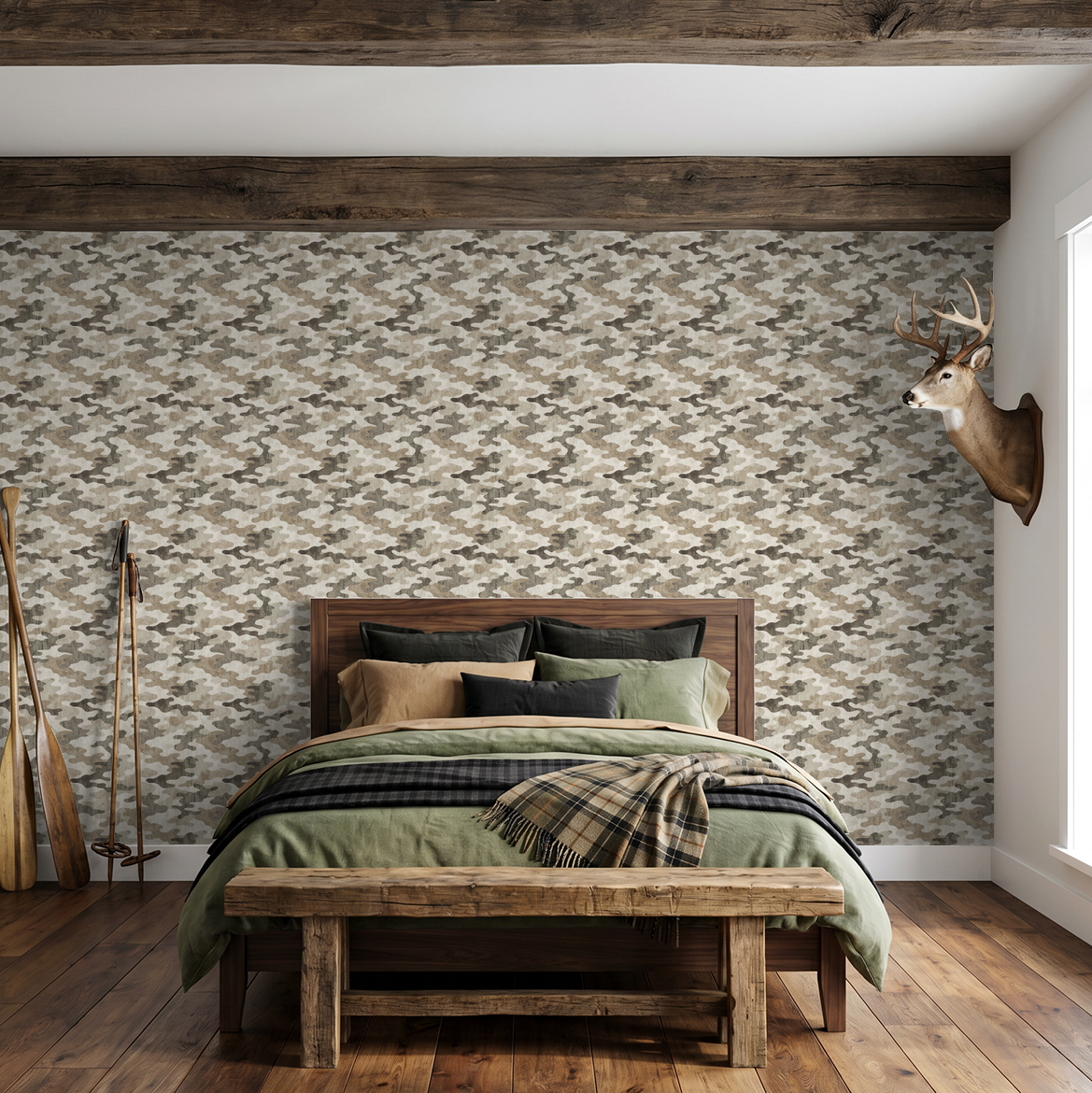 Camouflage pattern wallpaper in earth tones in rustic bedroom with wooden beams.