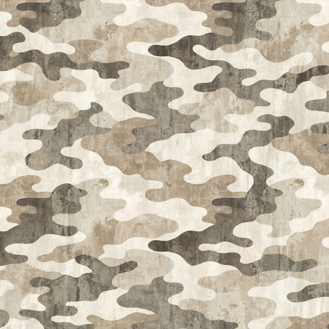 Camouflage pattern wallpaper in taupe, brown, and gray with organic shapes.