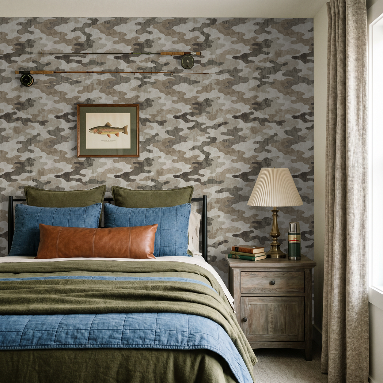 Camouflage wallpaper in earth tones in a cozy bedroom with modern decor.