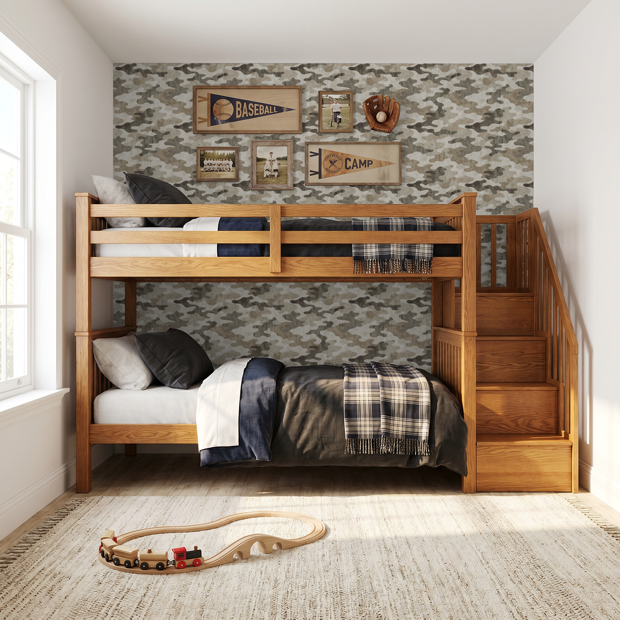 Camouflage wallpaper in earth tones with wooden bunk bed in a cozy playroom.