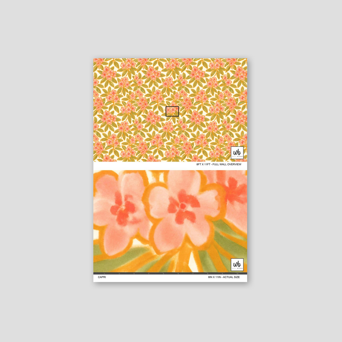 Floral wallpaper with orange and pink blooms on yellow background, botanical style