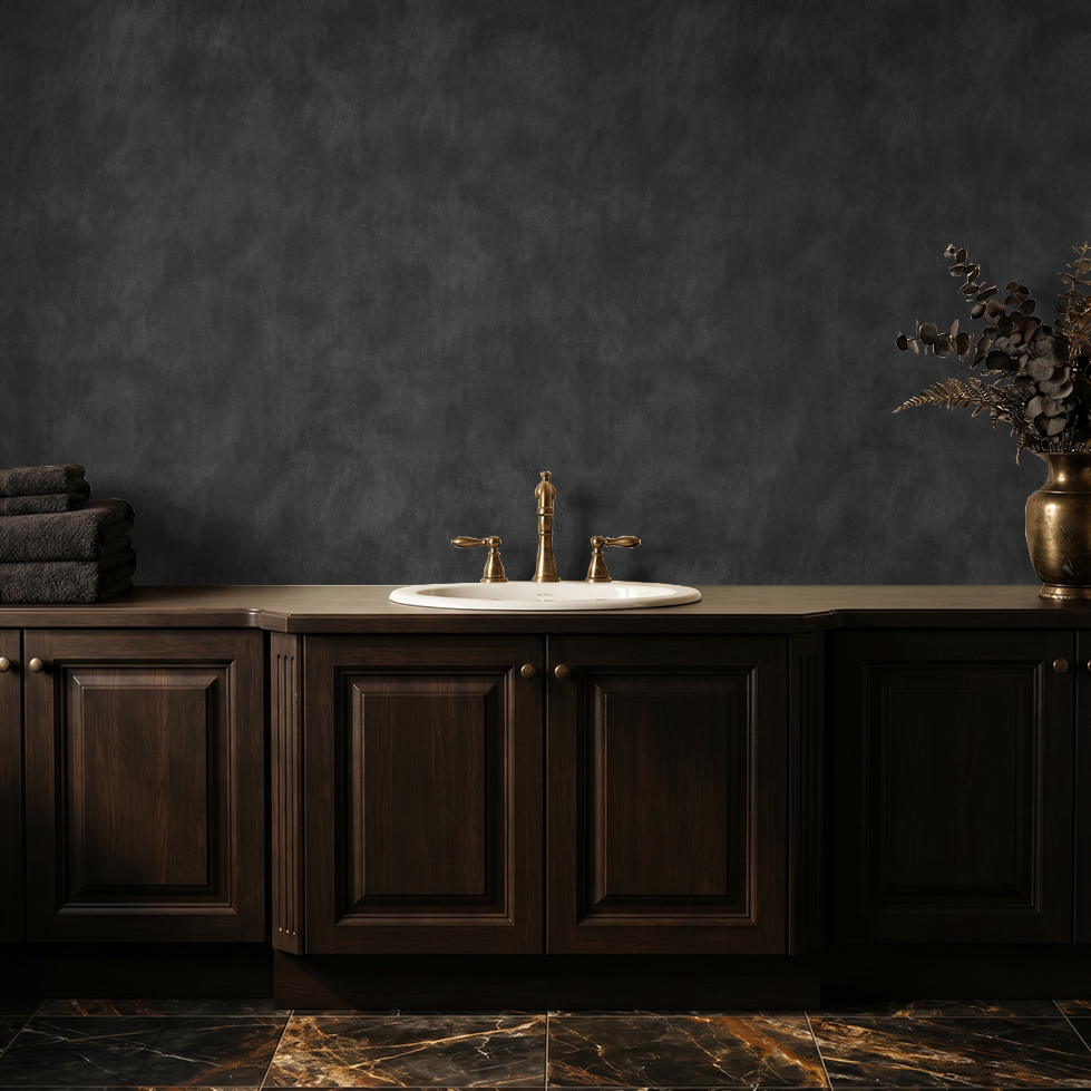 Charcoal limewash wallpaper in elegant bathroom with dark wood cabinets and brass fixtures.