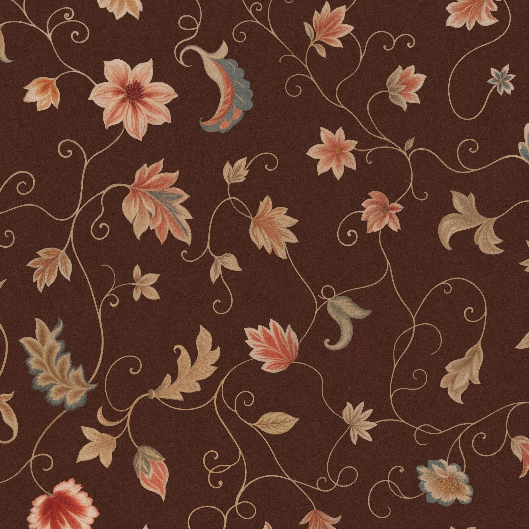 Chocolate brown wallpaper with delicate floral motifs in red, cream, and blue.