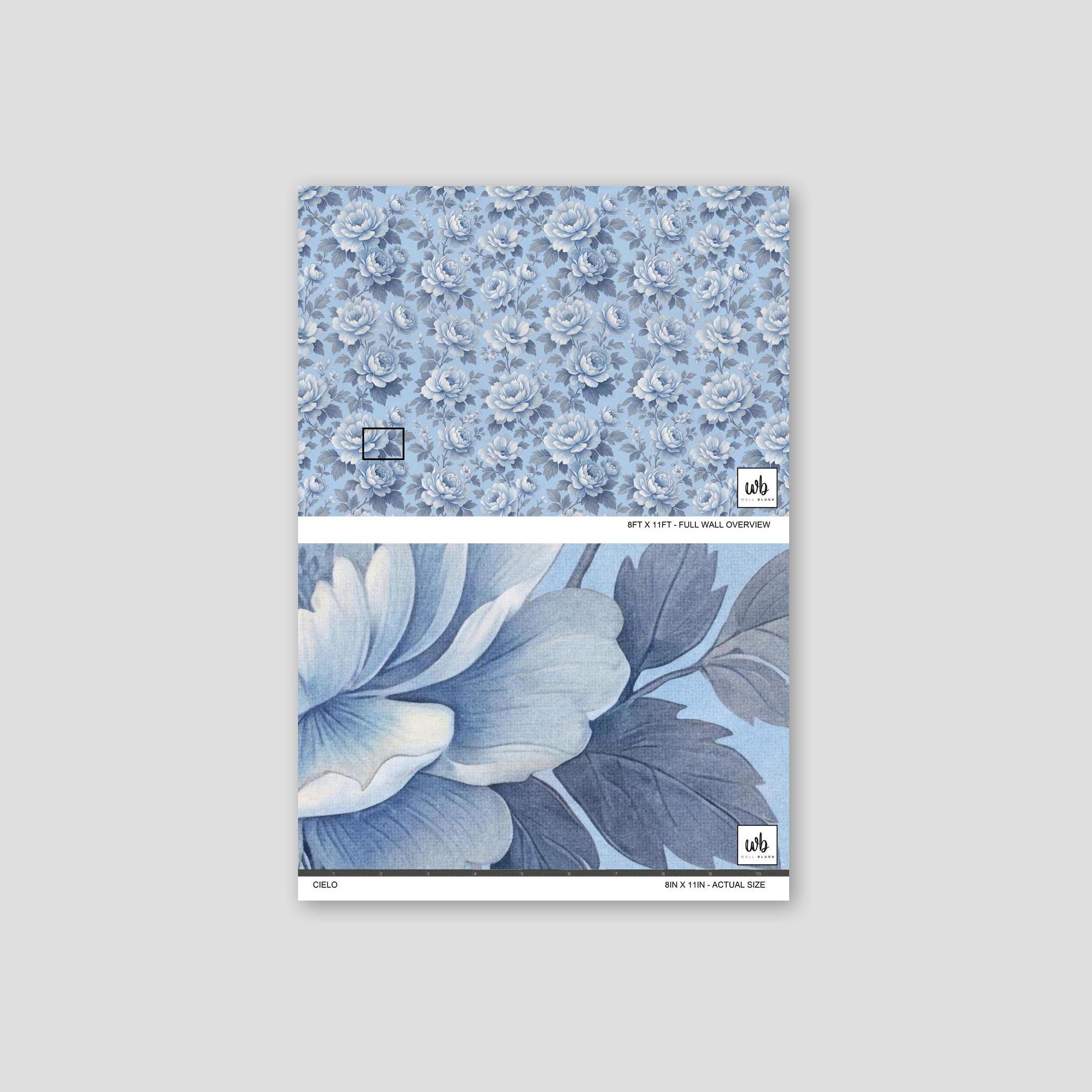 Cielo blue floral wallpaper sample with peony and rose pattern.