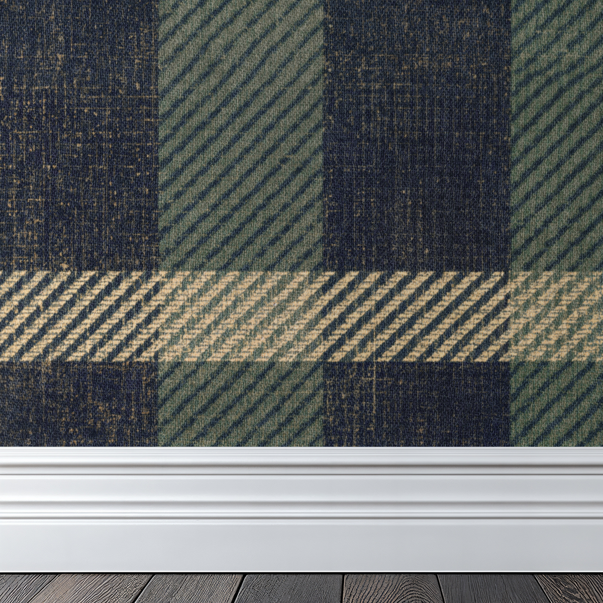 Classic plaid wallpaper in navy, green, and beige with textured details.