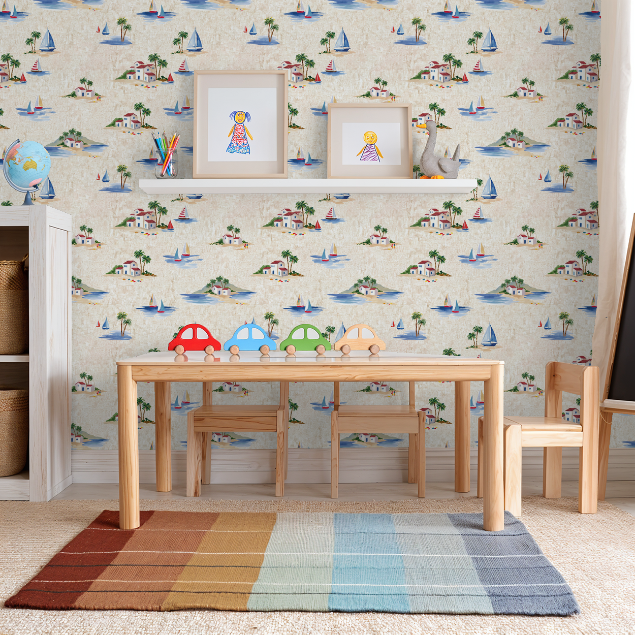 Coastal sailboat and palm tree wallpaper in a playful nursery setting.