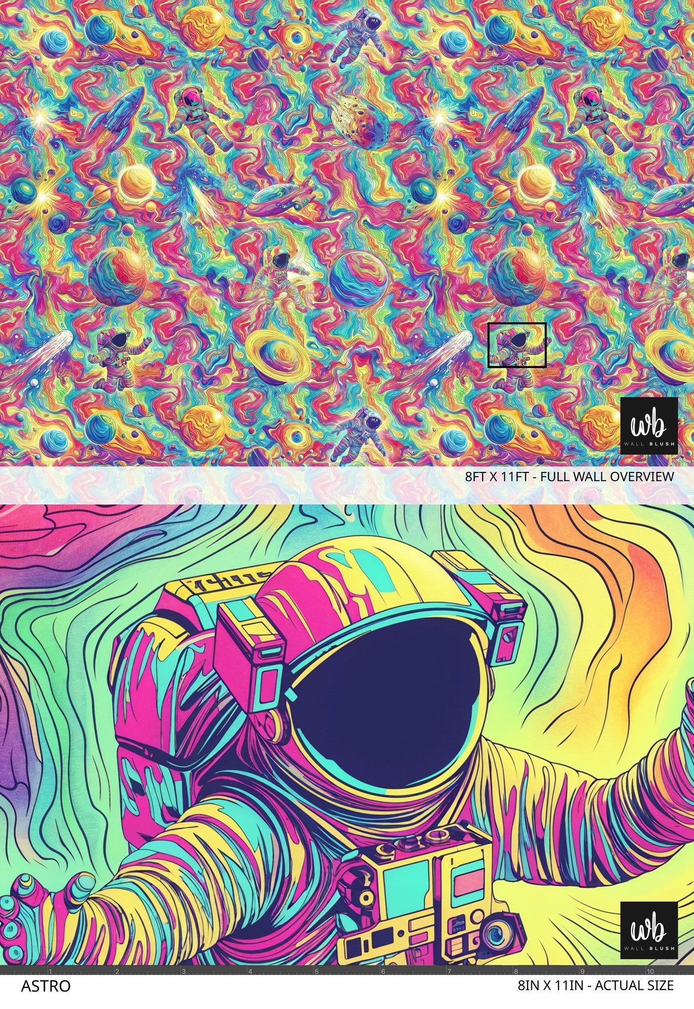 Colorful cosmic wallpaper with swirling galaxies and astronauts, ideal for kids' rooms.