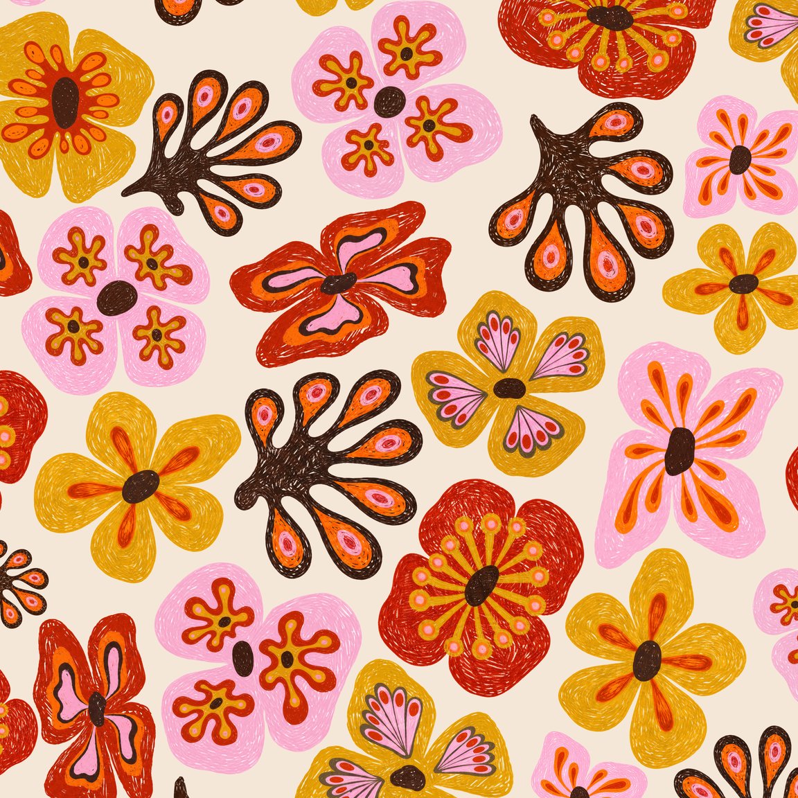 Colorful floral wallpaper with pink, orange, and yellow hand-painted motifs on a beige background.