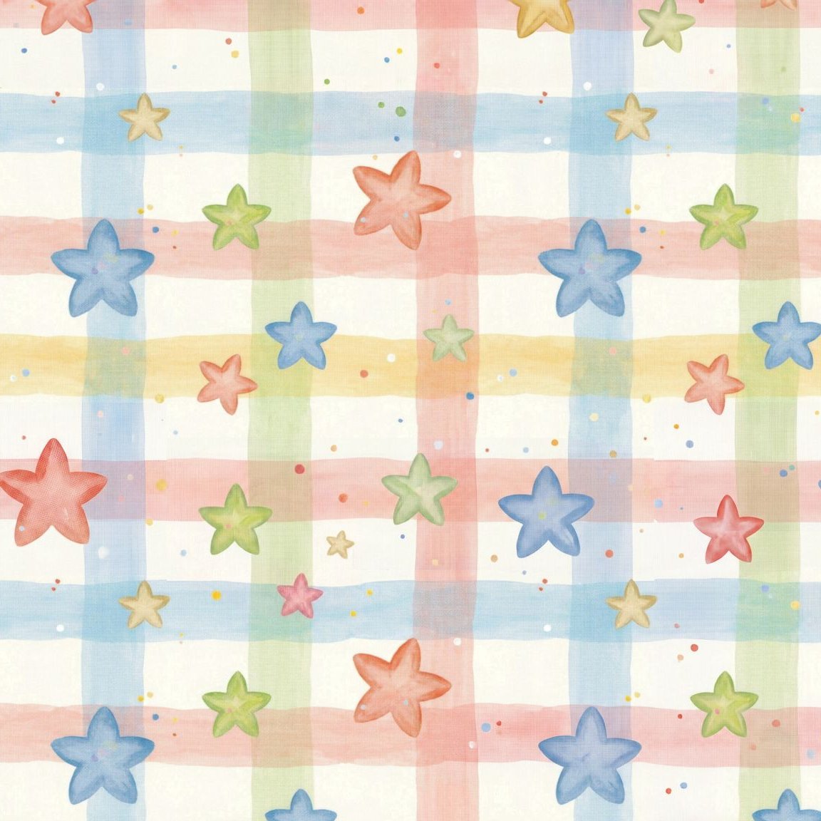 Colorful star and plaid pattern wallpaper with pastel hues for kids' room.