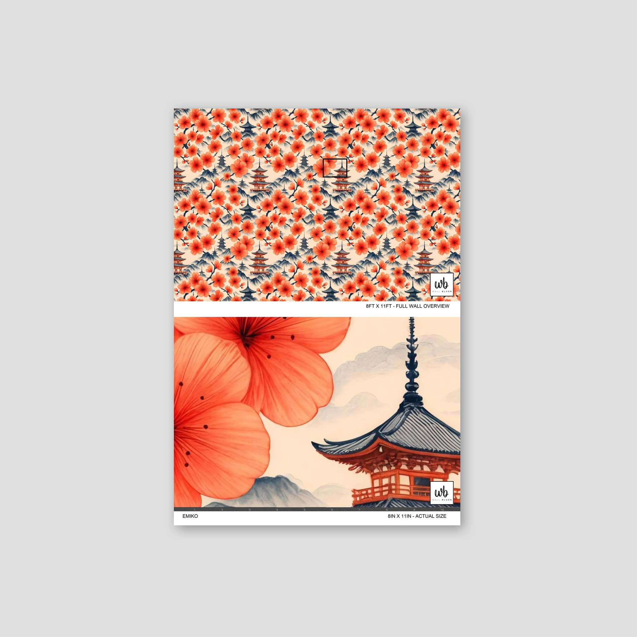 Coral floral wallpaper with pagoda on cream background, Asian artistic style.