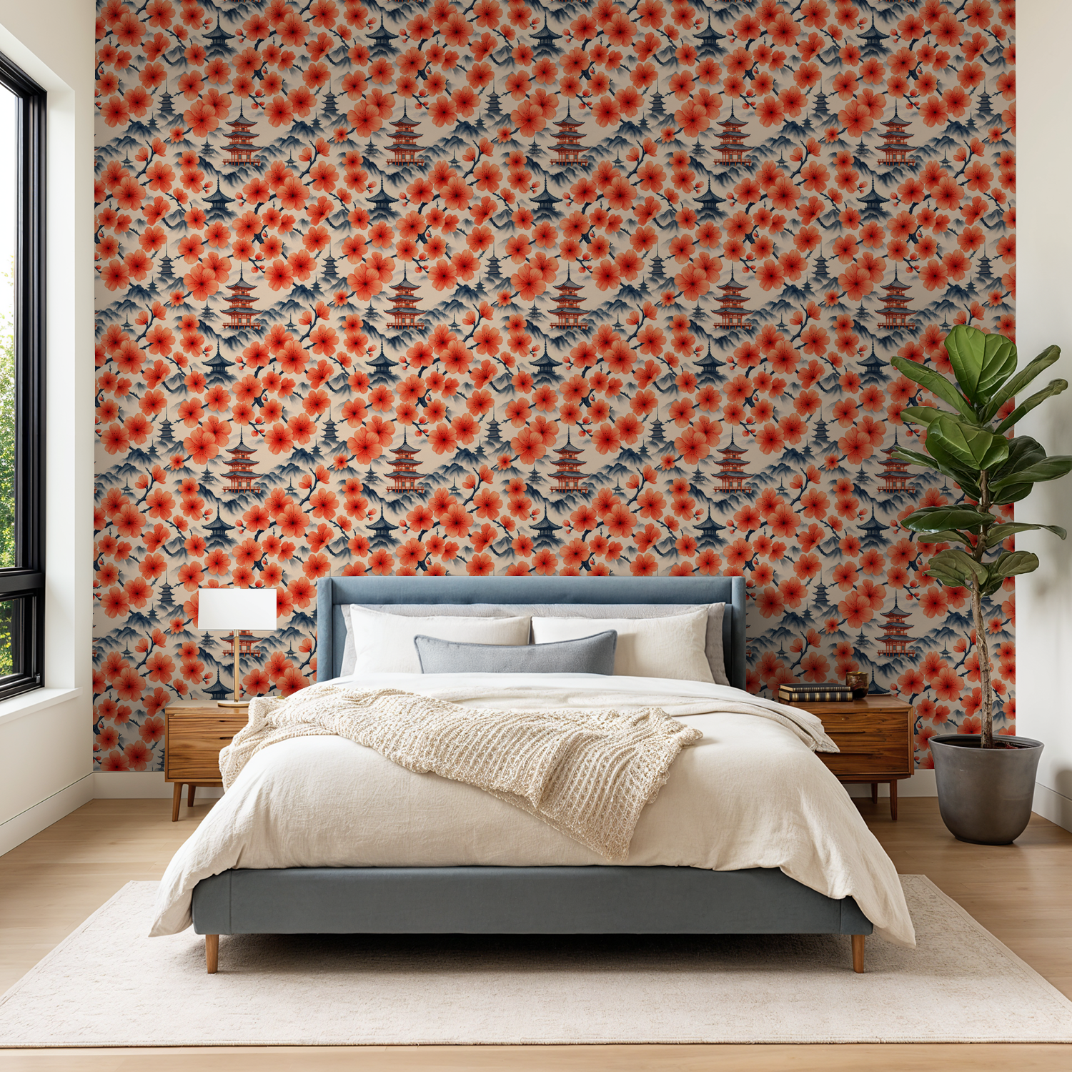 Elegant bedroom with coral floral wallpaper featuring pagodas on a cream backdrop.
