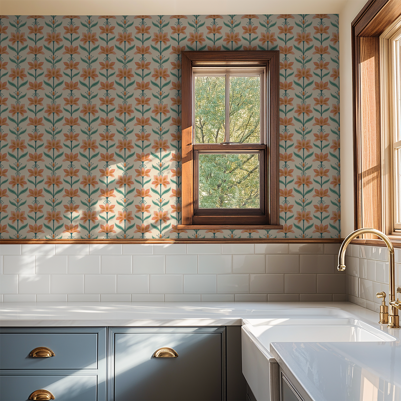 Coral floral wallpaper with teal accents in kitchen setting with window