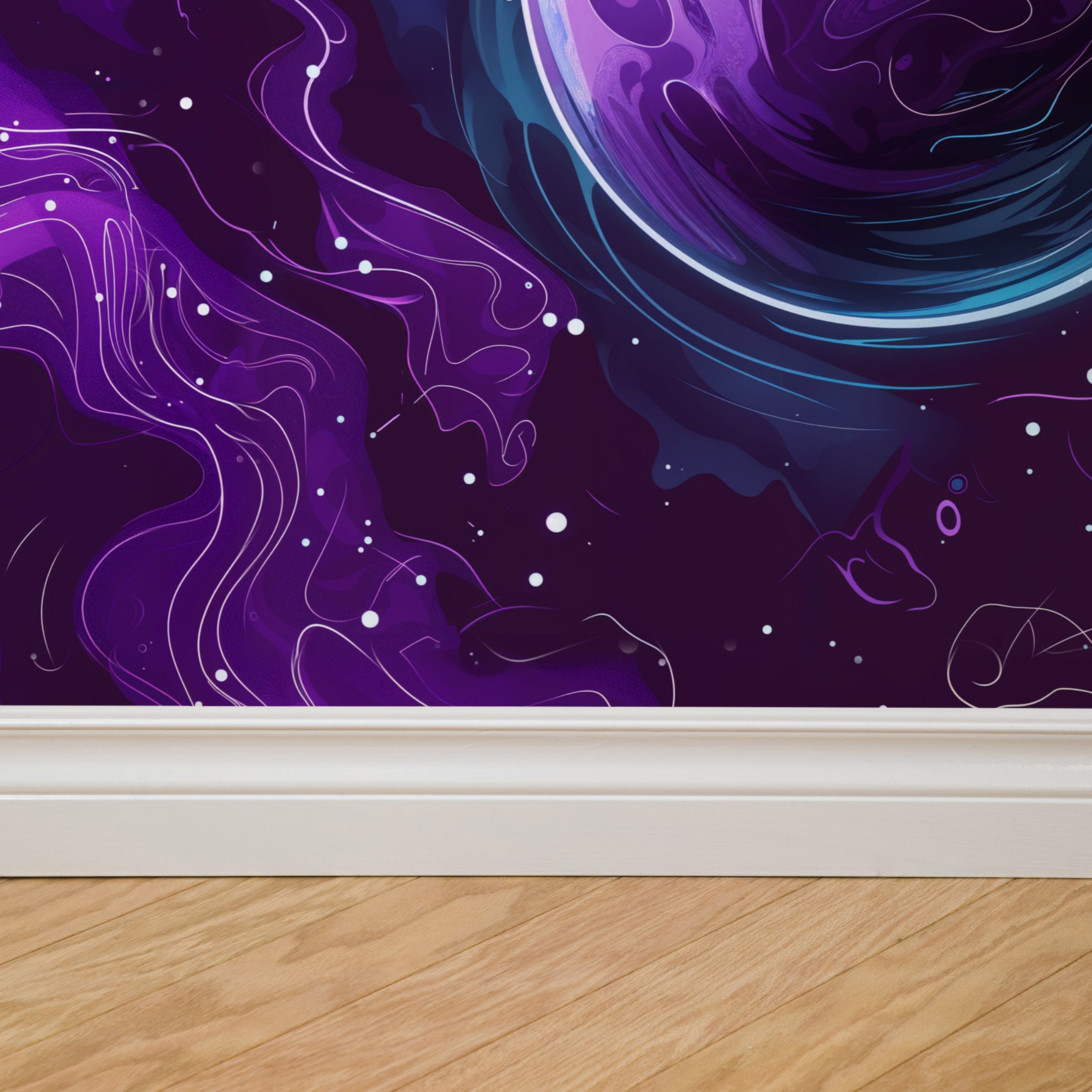 "Cosmic Voyage Wallpaper by Wall Blush enhancing a modern room with its vibrant purple space-themed design."