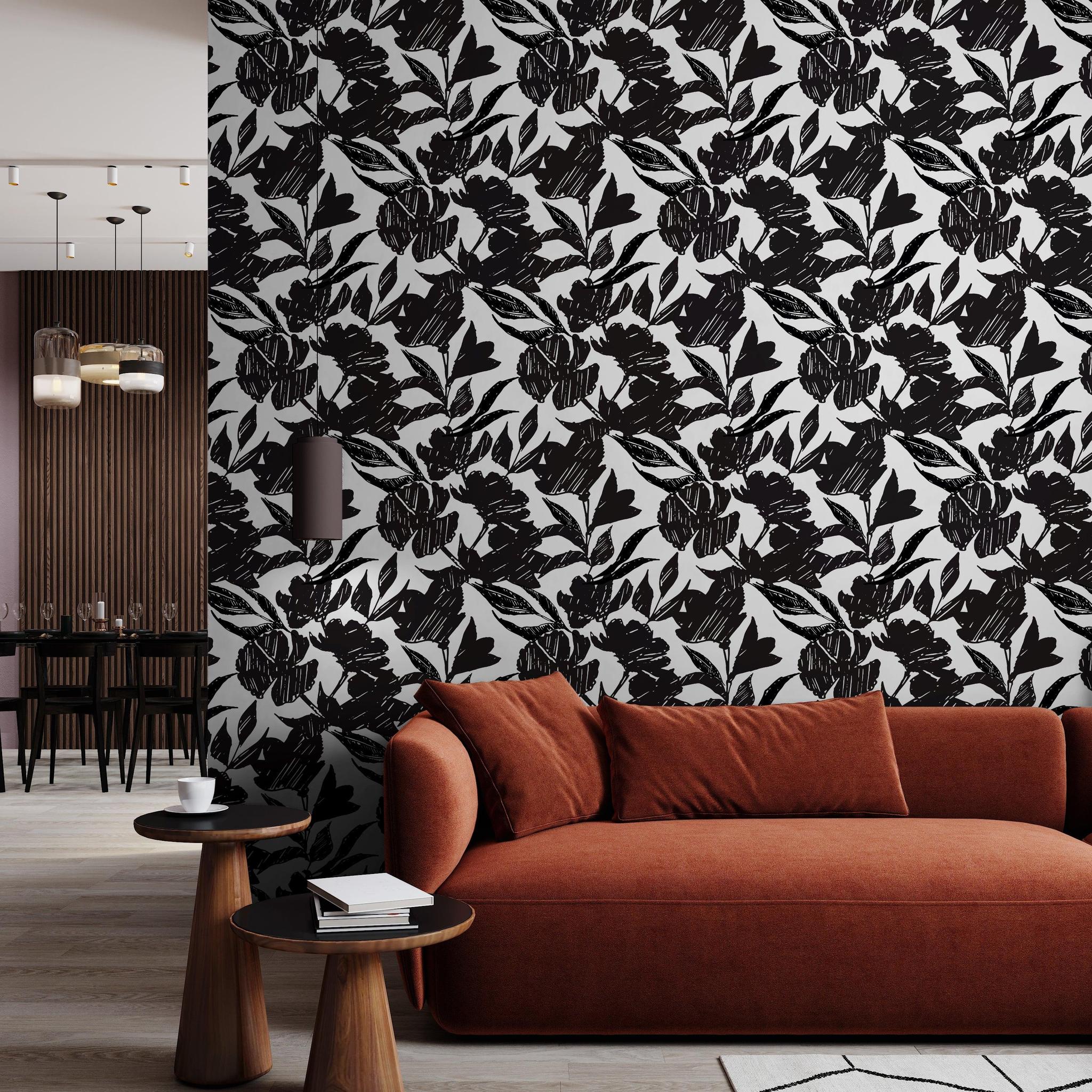 Couture Wallpaper by Wall Blush SG02 in a stylish living room interior with a focus on the elegant floral design.
