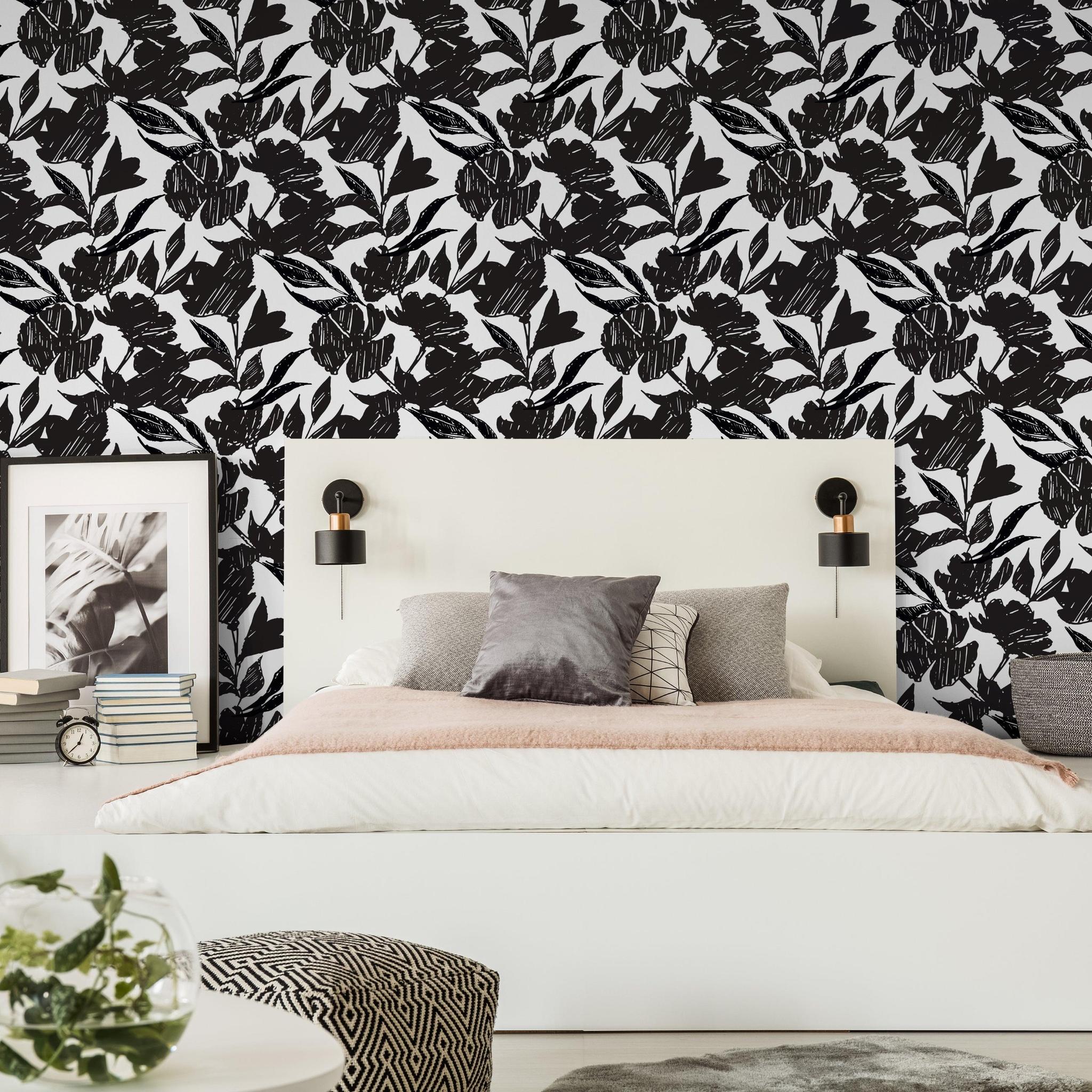 Couture Wallpaper by Wall Blush SG02 in modern bedroom with floral black and white design focus.
