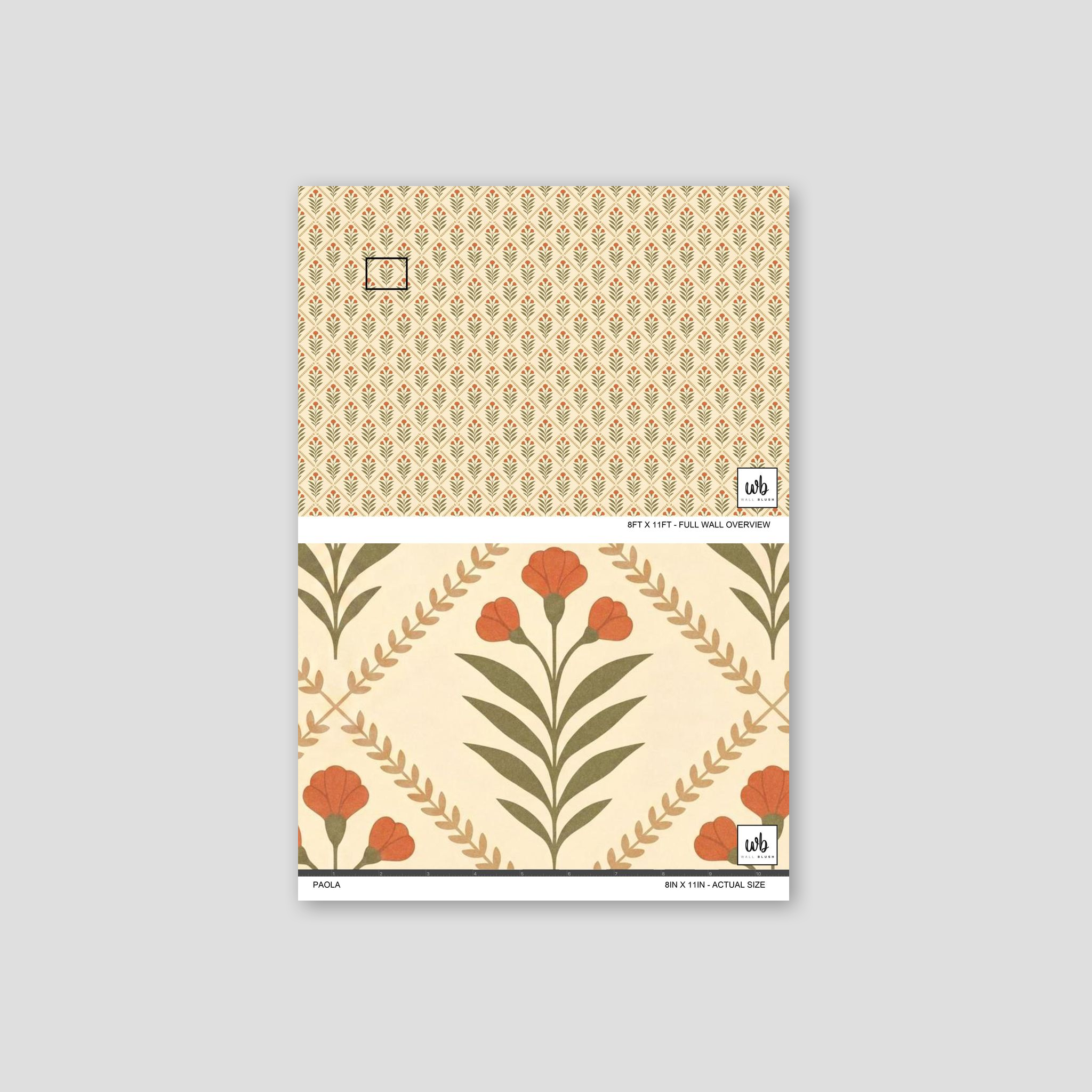 Cream wallpaper with symmetrical diamond pattern, olive leaves, terracotta blooms.