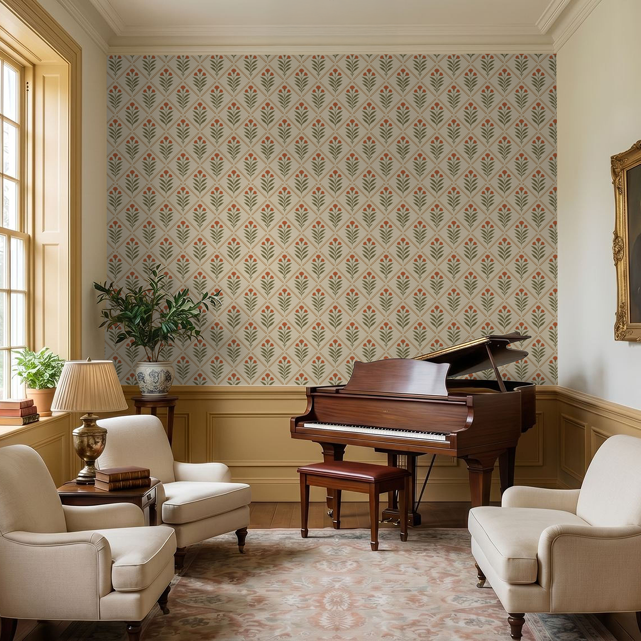 Cream wallpaper with olive green leaves and terracotta blooms in elegant living room with piano.