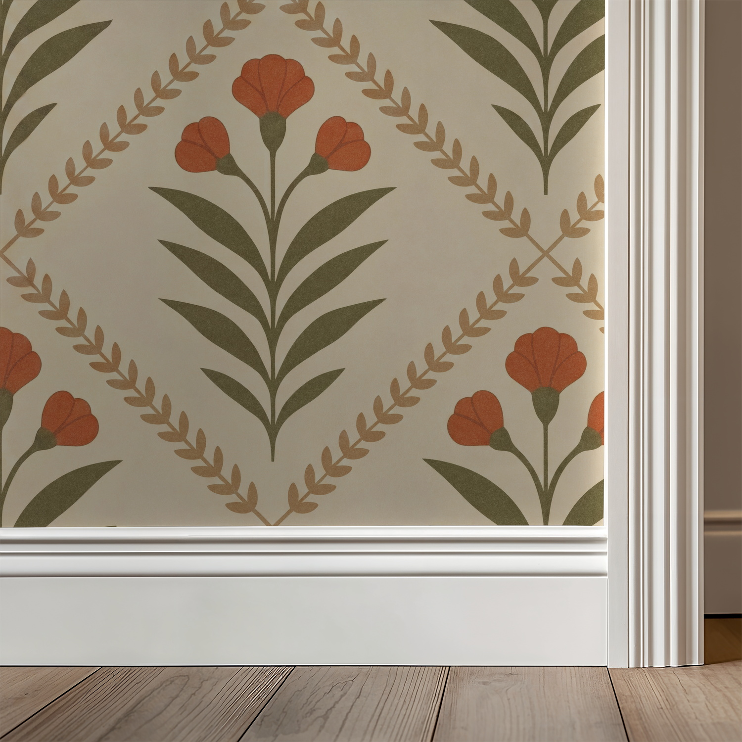 Cream wallpaper with olive green leaves and terracotta blooms in a diamond pattern.