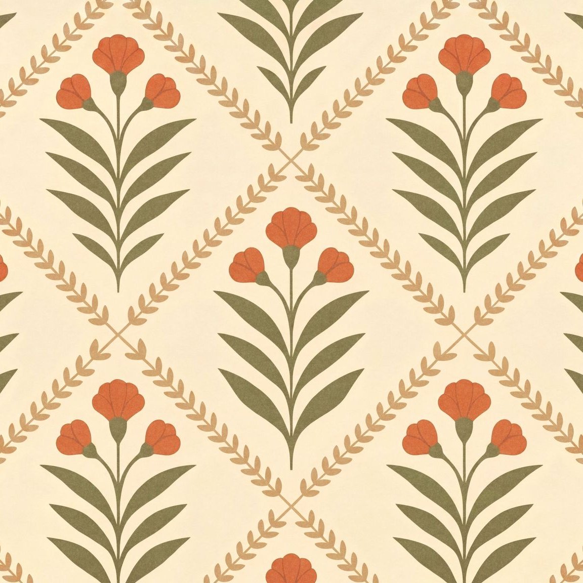 Cream wallpaper with olive green leaves and terracotta floral diamond pattern.
