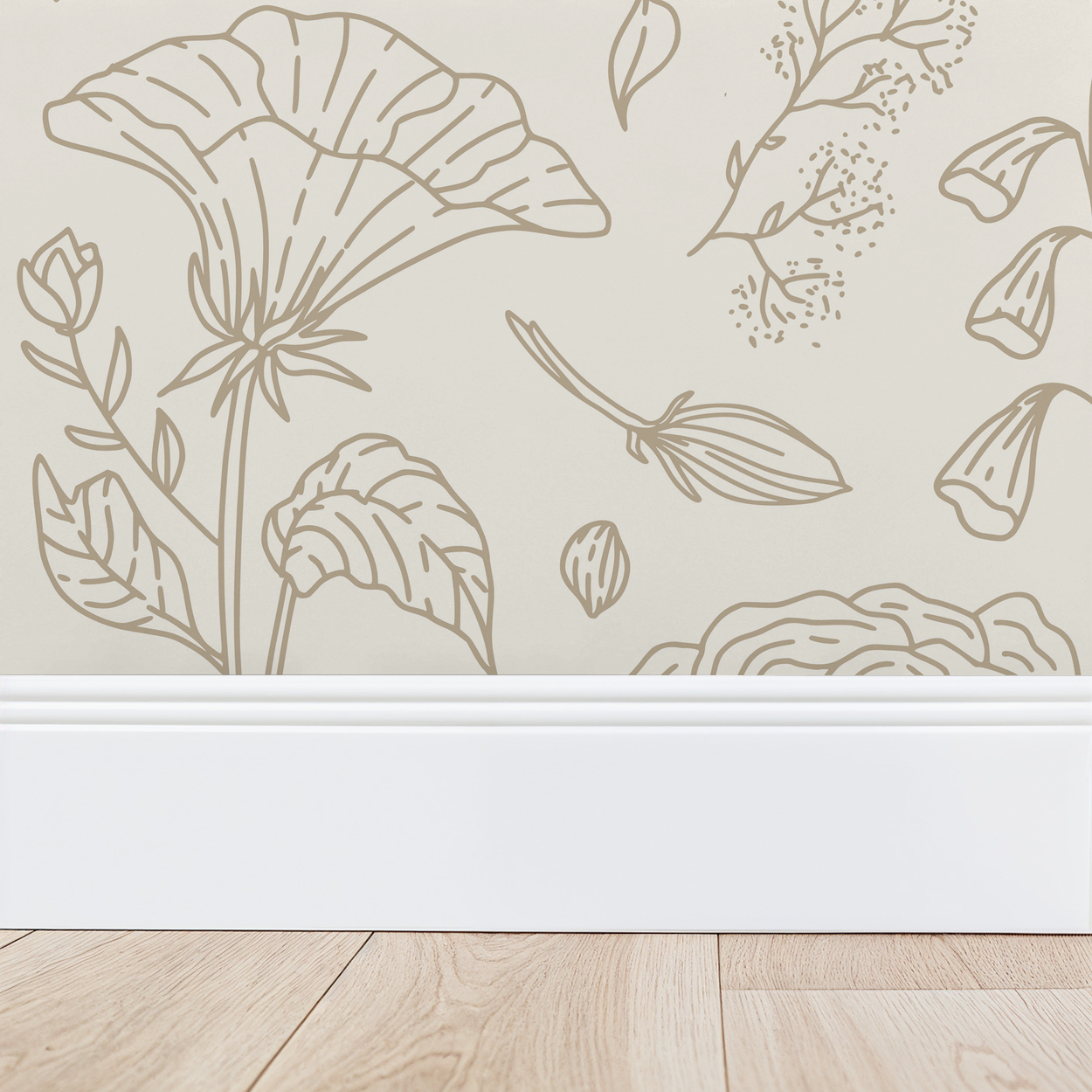 Cream floral wallpaper with delicate botanical sketches in a room setting.