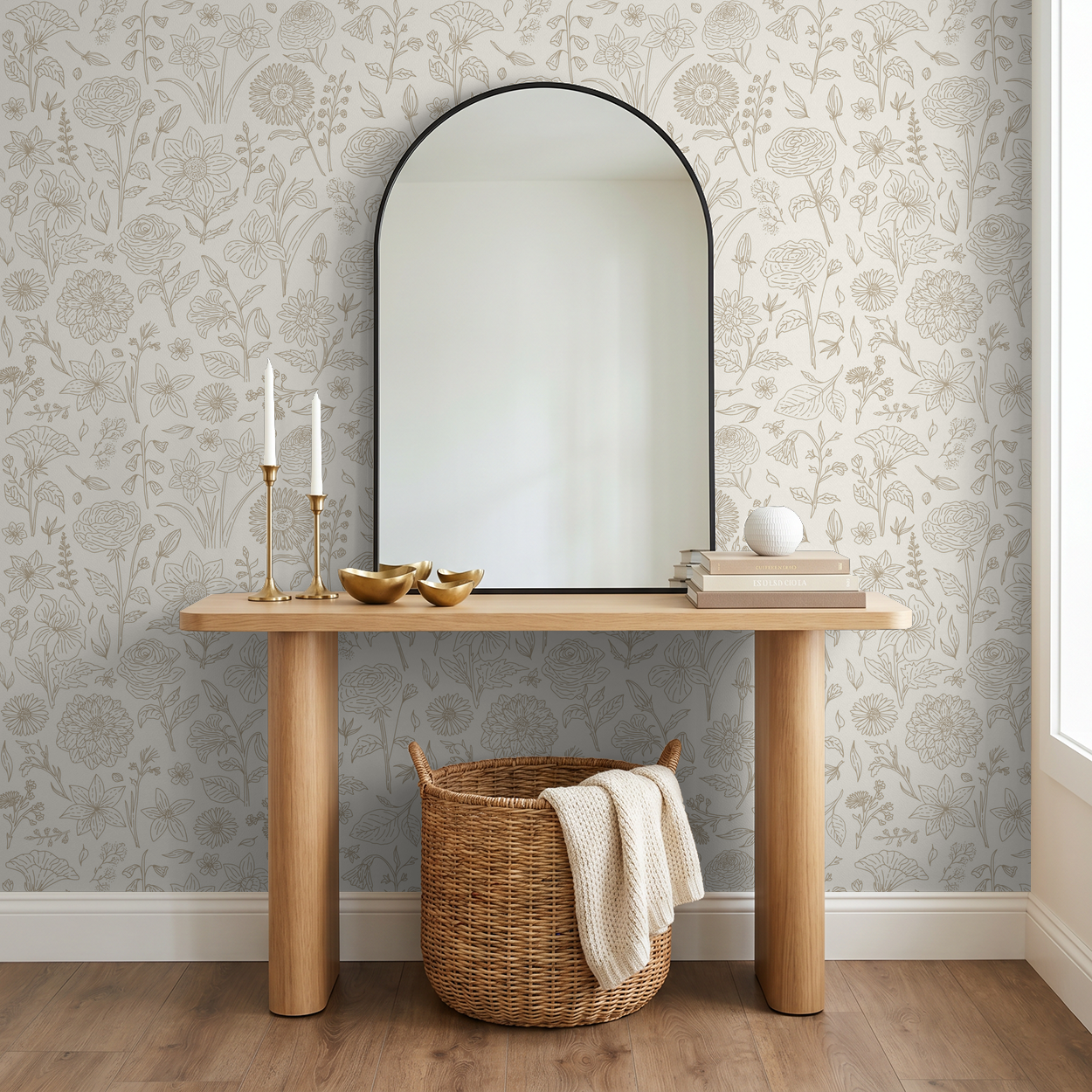 Cream floral wallpaper with intricate sketches in a modern room with mirror and wooden table.