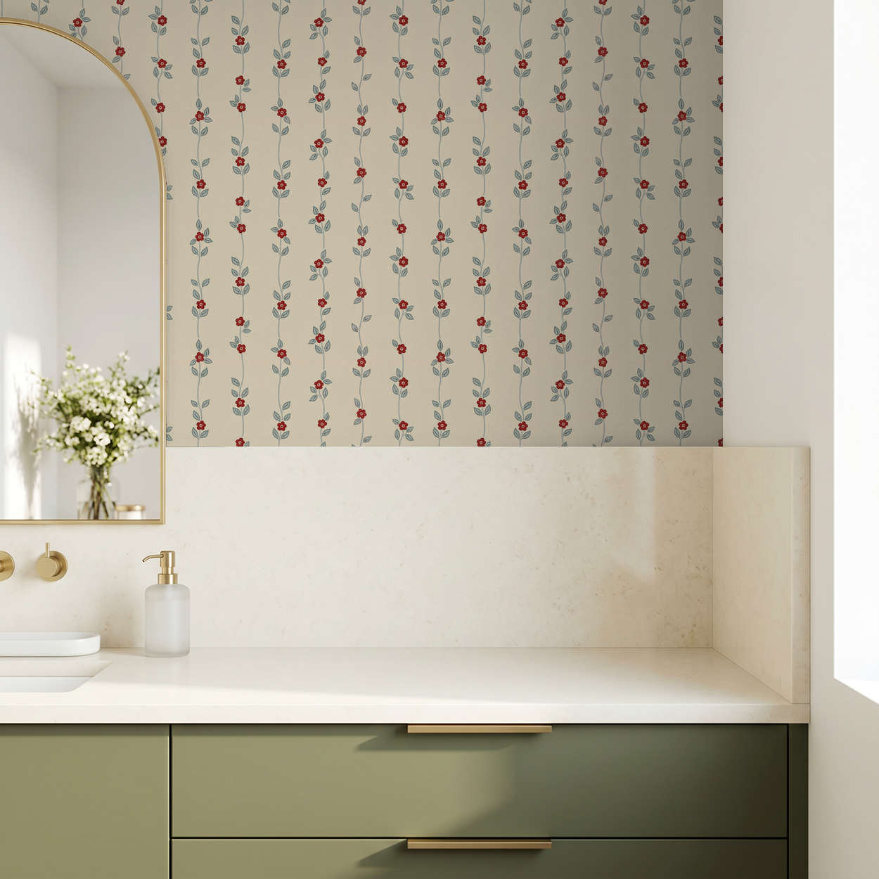Cream wallpaper with red blossoms and vines in a modern bathroom setting.