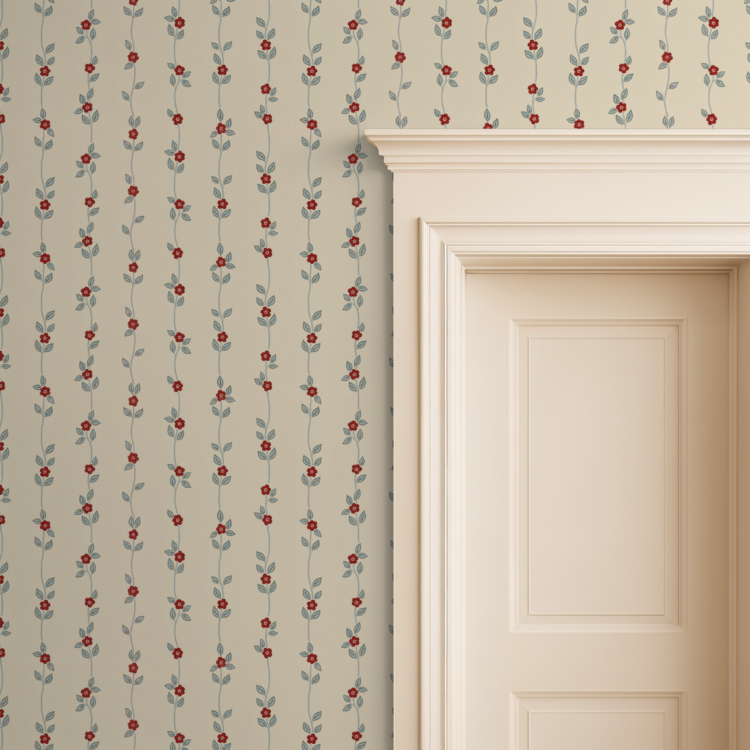 Cream wallpaper with red floral vines beside a cream door frame.
