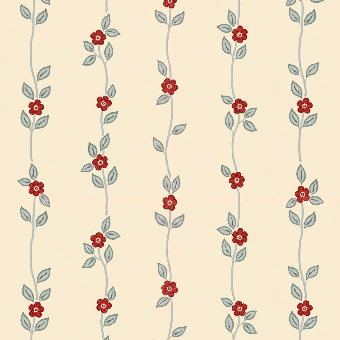 Cream wallpaper with red floral vines and green leaves in a vertical pattern.